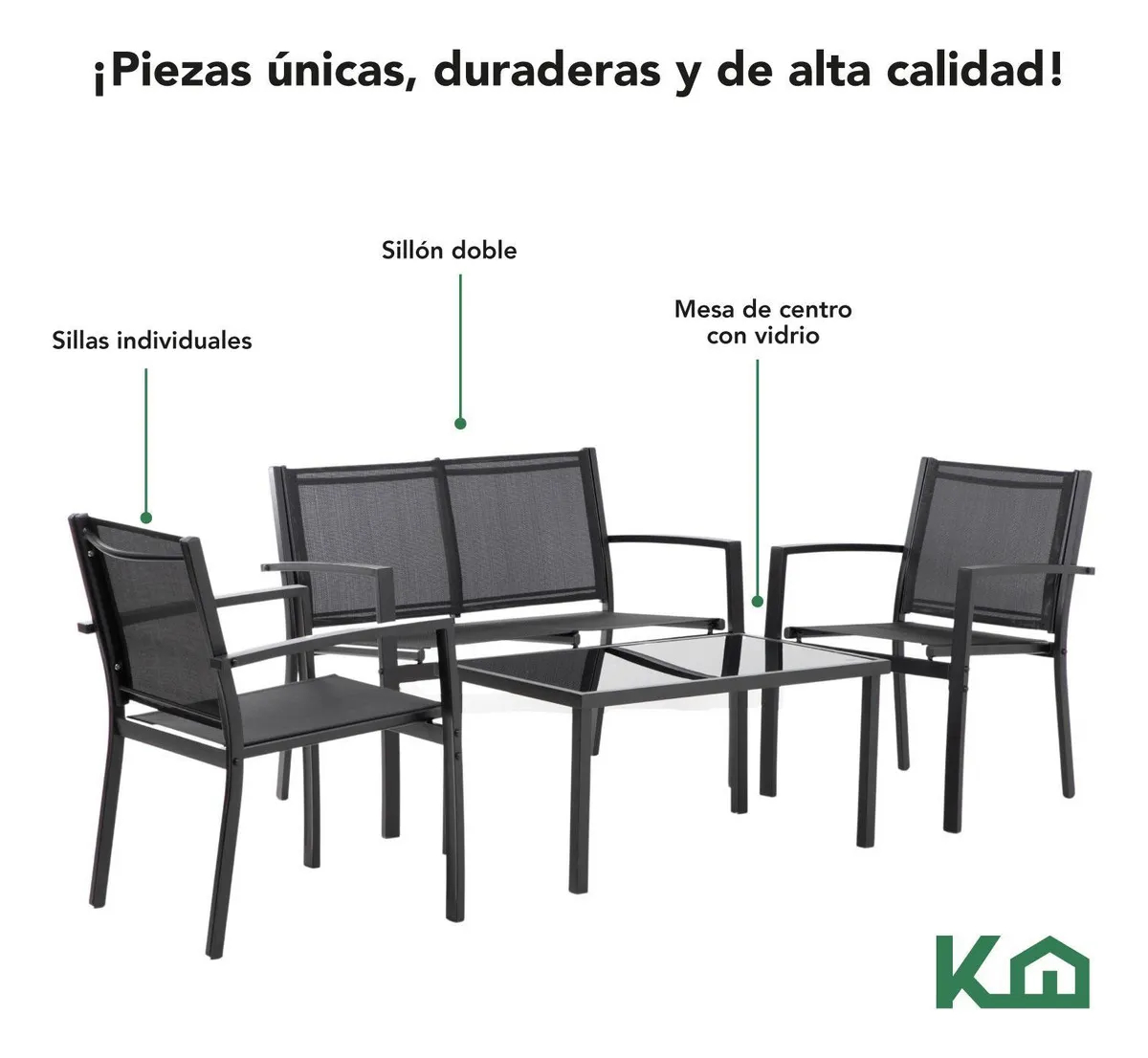Sillas Sala Exterior Para Jardin Textileno Sillon Mesa 4pzas Color negro Color de la estructura de la silla Negro Color del asiento Negro Diseño de la tela Liso