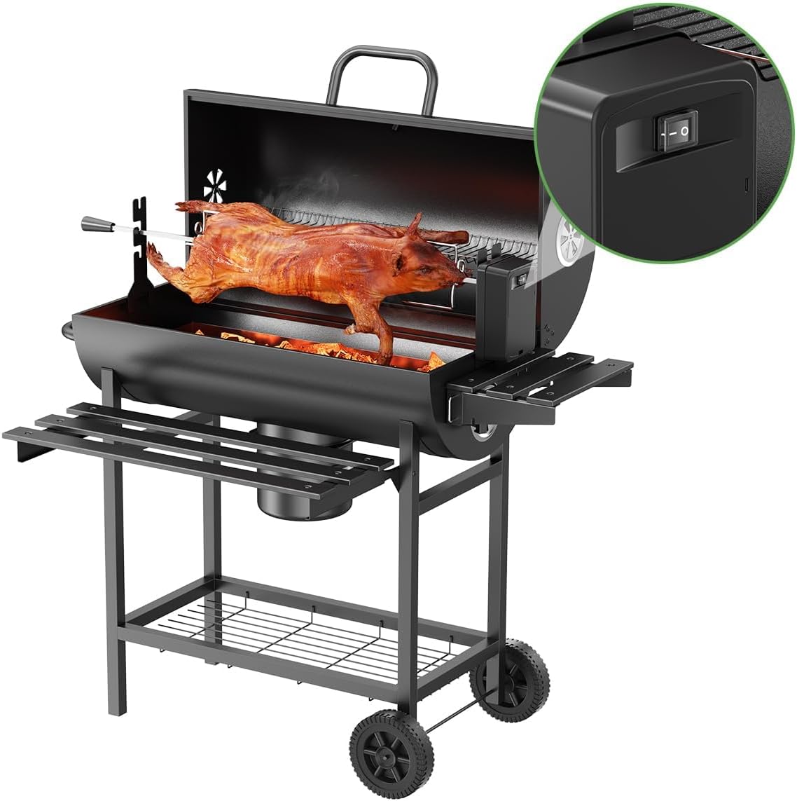 MXLENOBLE Asador de Carbon con Rotación Eléctrica,MXLENOBLE Parrilla de Carbón con temperatura controlada en Forma de Barril (Rotación-Grande - horno individual)