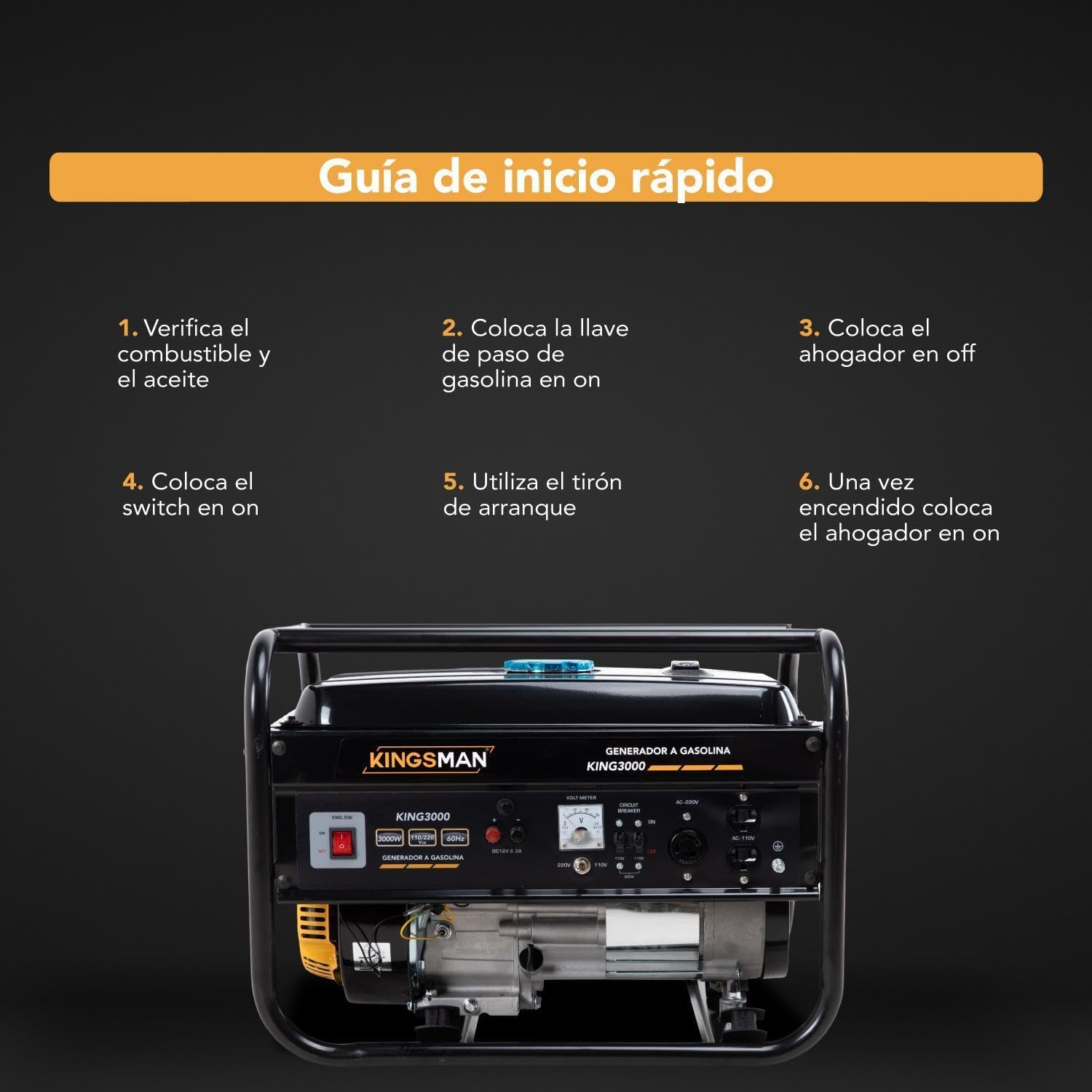KINGSMAN | Generador Portátil de Energía a Gasolina 3000W - Motor 1 Cilindro 4 Tiempos - Estación de Energía 110/220V - 60Hz - 15L Tanque de Combustible