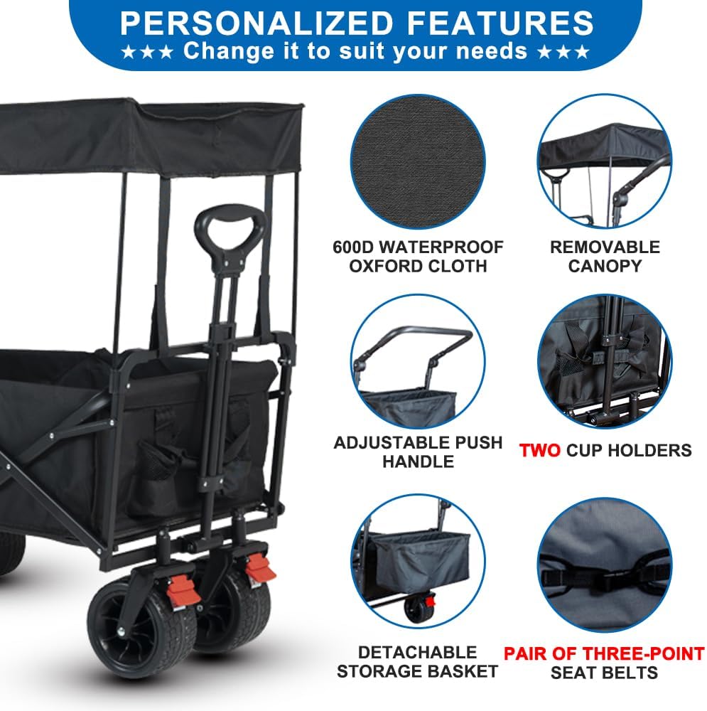 SKYMANOR Carro de jardín plegable 3 en 1 con toldo para niños y carga, carriola plegable EZ ruedas todo terreno, 300 libras, 2 portavasos para cinturón de seguridad, color negro, SKYDPBB