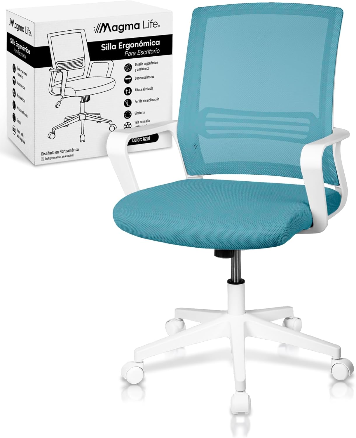 MAGMALIFE Silla Ergonómica de Escritorio con Respaldo de Malla Transpirable, Moderna y Elegante, Silla Giratoria con Soporte Lumbar y Cómodos Descansabrazos (Azul Cerúleo)