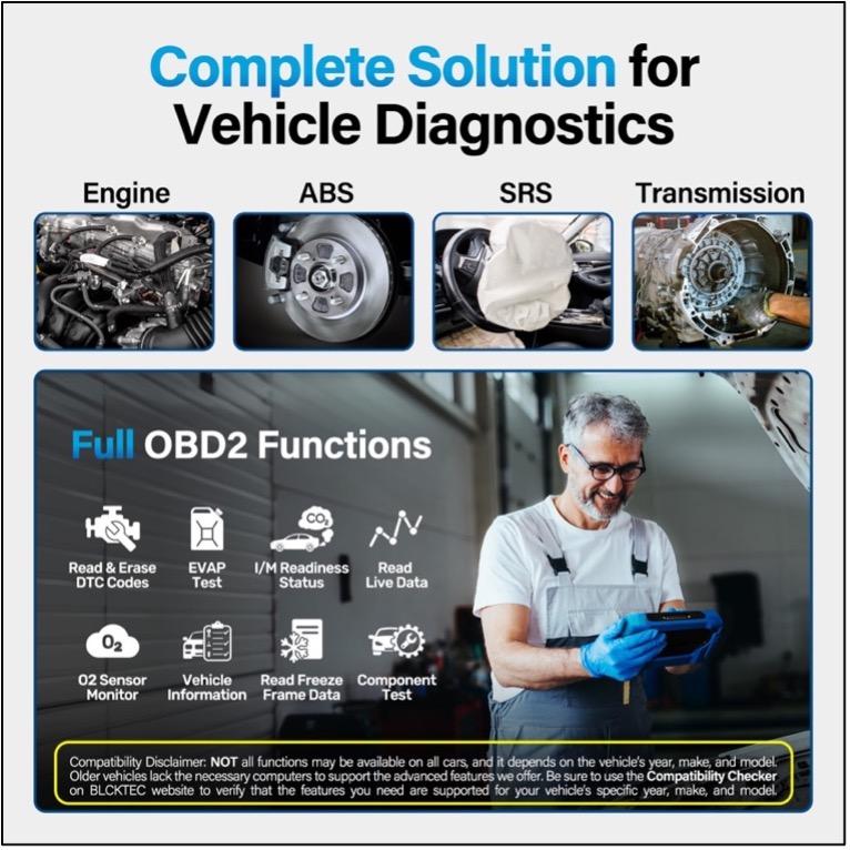 Escáner OBD2 BLCKTEC 460T con 12 funciones de reinicio, escaneo de motor/ABS/SRS/transmisión, reinicio de aceite/TPMS/EPB/SAS/DPF, purga de frenos ABS, identificación automática de VIN, actualizaciones gratuitas.