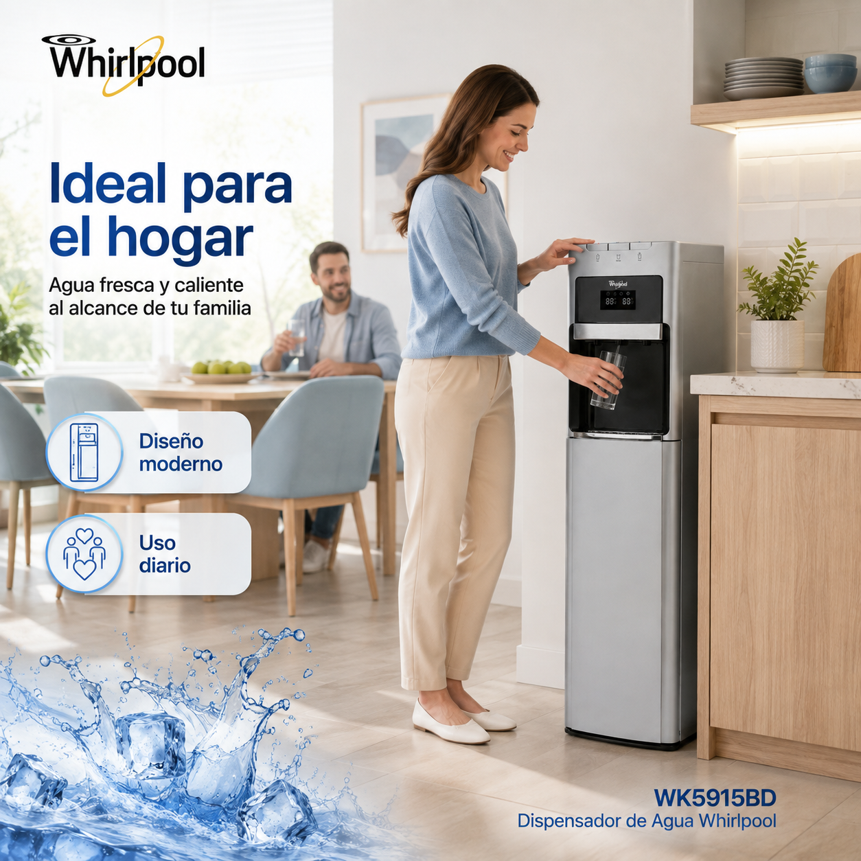 Whirlpool WK5915BD Dispensador de Agua con Garrafón Oculto, Agua Fría y Caliente, Indicador LED, Diseño Moderno