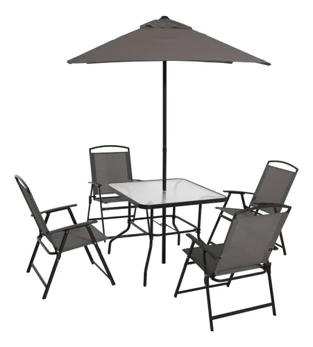 Mesa/sillas De Jardin, Vidrio Templado Con Sombrilla, Beige