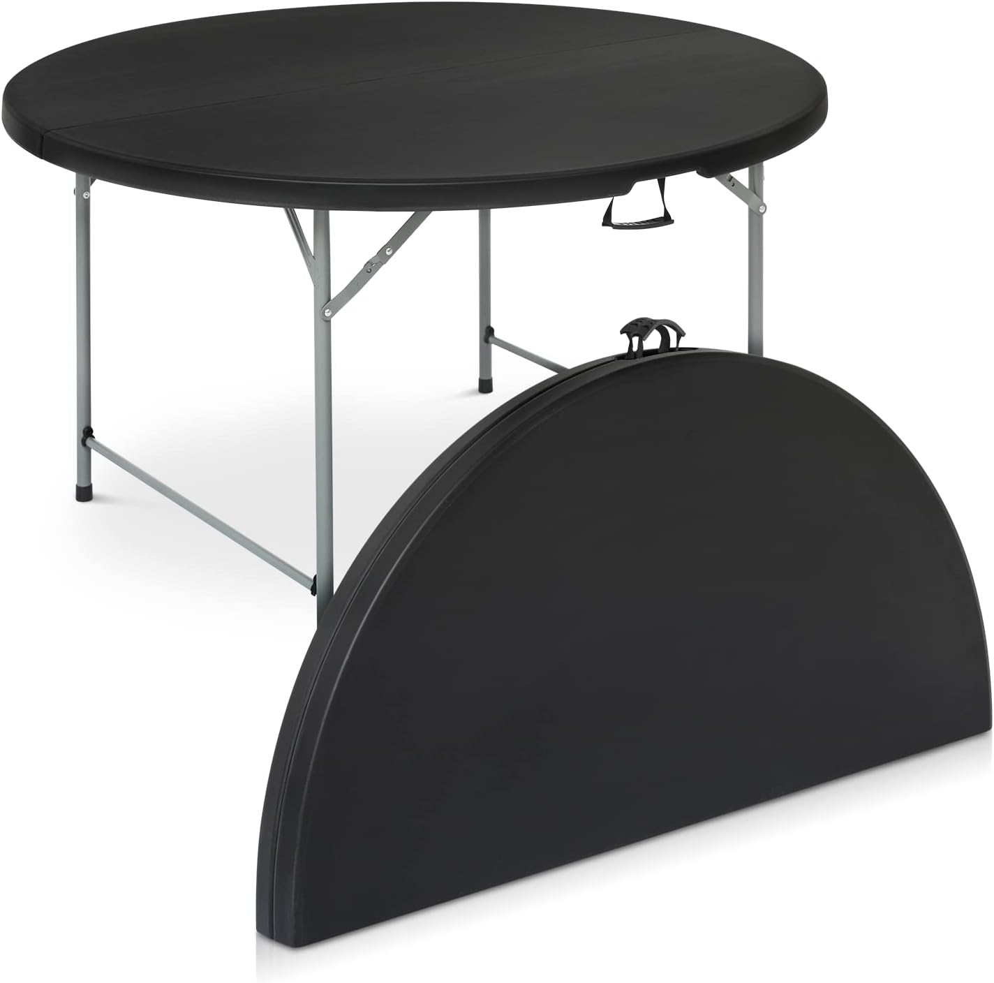 Mesa plegable redonda de 4.5 pies, mesa de comedor de plástico para interiores y exteriores con asa y cerradura para picnic, fiesta, banquete, boda, color blanco