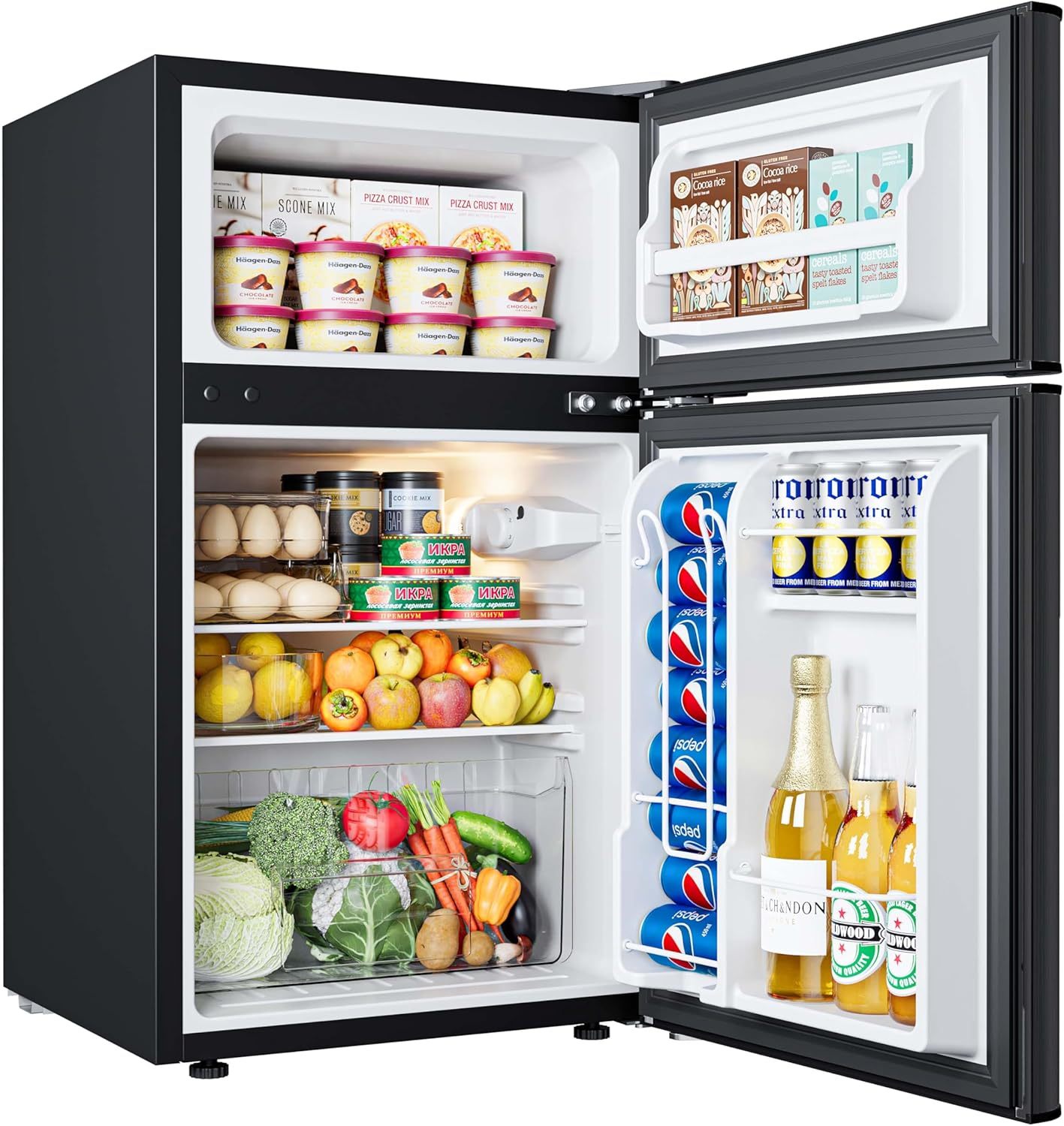 EUHOMY Mini refrigerador con congelador, refrigerador compacto de 3.2 pies cúbicos con congelador, mini refrigerador de 2 puertas con congelador, vertical para recámara, oficina, departamento,