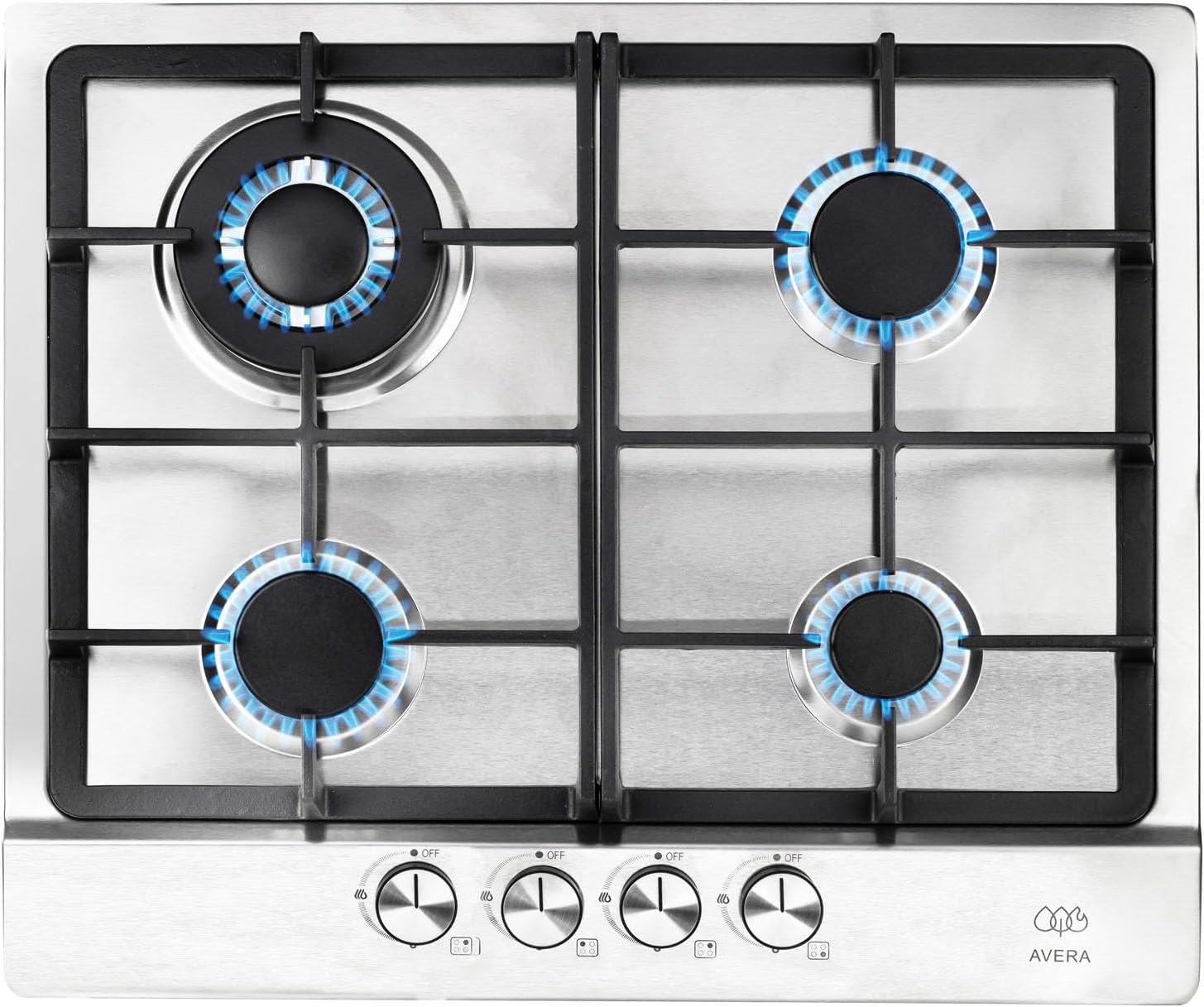 AVERA Parrilla de Gas 4 Quemadores, Acero Inoxidable 60cm (Incluye Accesorios para Instalarla), Encendido Electronico, Perillas Metalicas, Estufa Empotrable, para Gas LP y Gas Natural, AI4