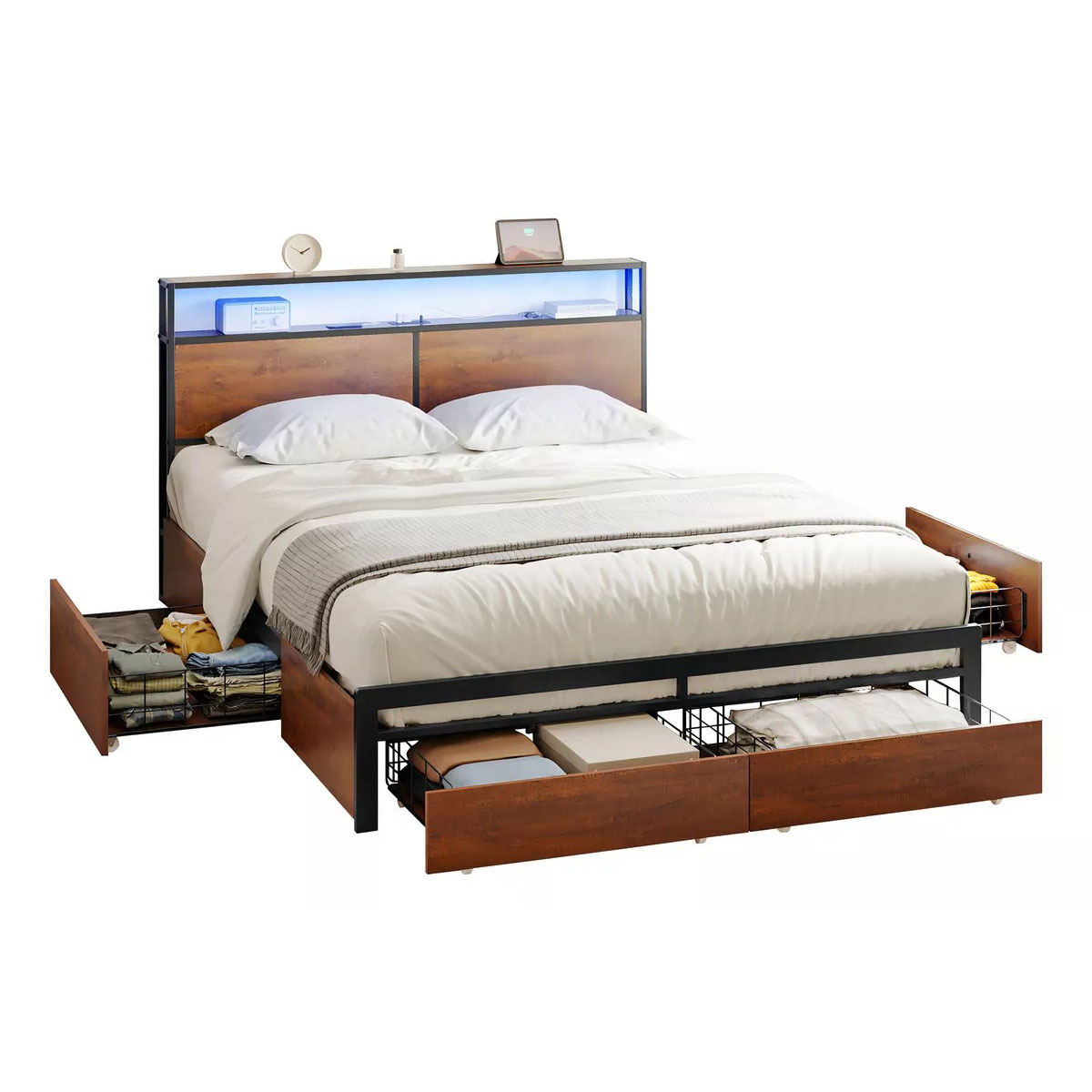 Cama Matrimonial Full Base+ Cabecera+ Cajones Luces Led Usb Color Marrón