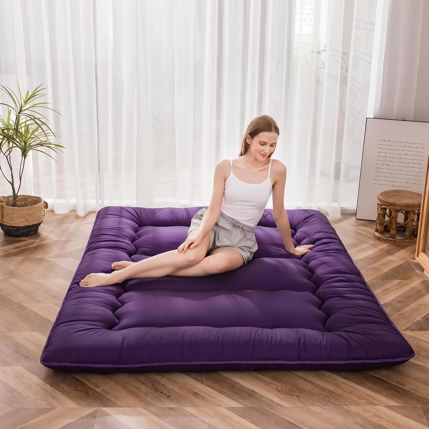 MAXYOYO - Puf plegable para sofá, cama, colchón de piso para adultos, extra grueso, 6 pliegues, sofá para recámara, sala de estar, beige, 135 x 240 cm