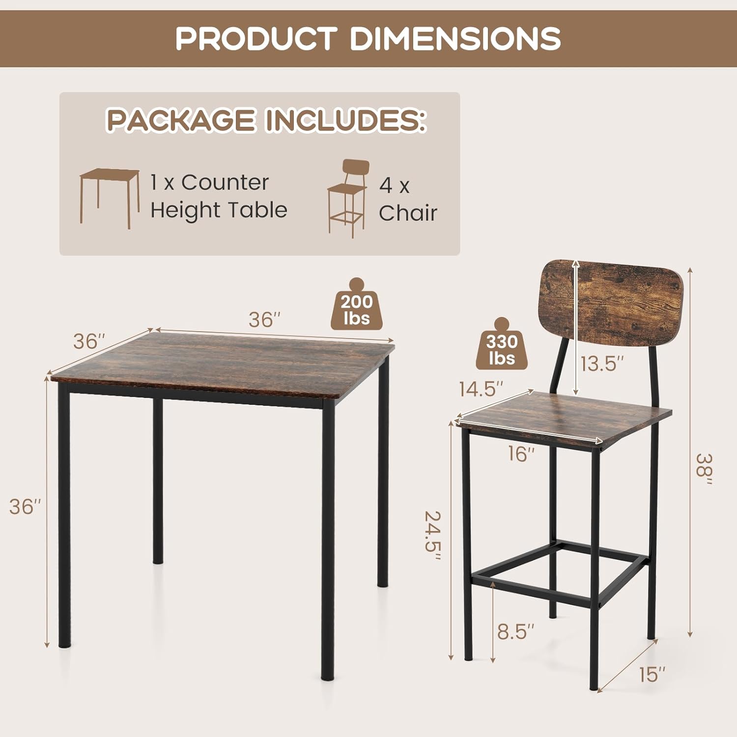 Juego de mesa de comedor de 5 piezas con mesa de altura y 4 taburetes de bar, juego de comedor industrial de cocina con reposapiés y respaldo, juego de comedor que ahorra espacio para pub,