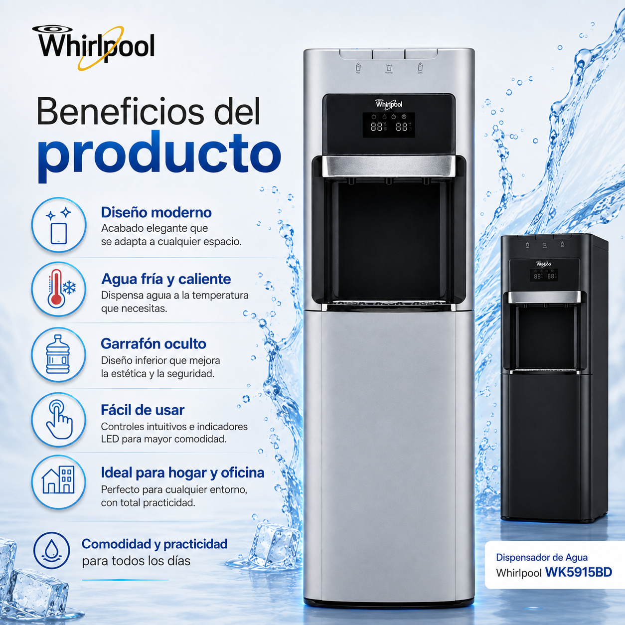 Whirlpool WK5915BD Dispensador de Agua con Garrafón Oculto, Agua Fría y Caliente, Indicador LED, Diseño Moderno