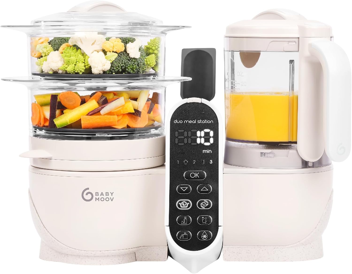 Babymoov Duo Meal 6 en 1: Procesador de Alimentos para Bebés con Vaporizador y Licuadora de Velocidades Múltiples, Calienta y Descongela (Aprobado por Nutricionistas), Gris
