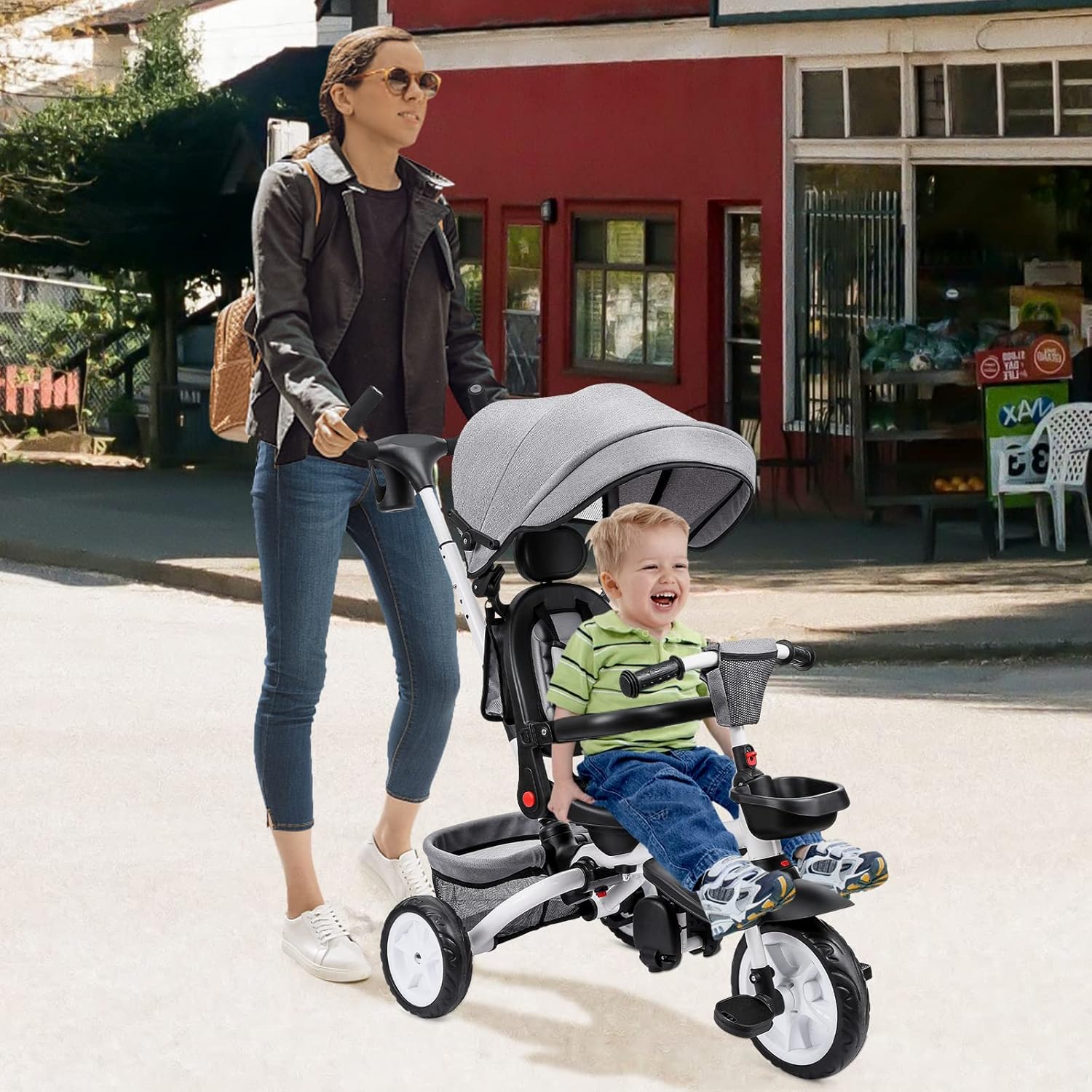 Babevy - Triciclo para bebé, 7 en 1, Plegable con Mango de Empuje Ajustable extraíble, toldo, Asiento Giratorio, arnés de Seguridad, portavasos y Almacenamiento, Triciclo para niños de 1 a 5 años