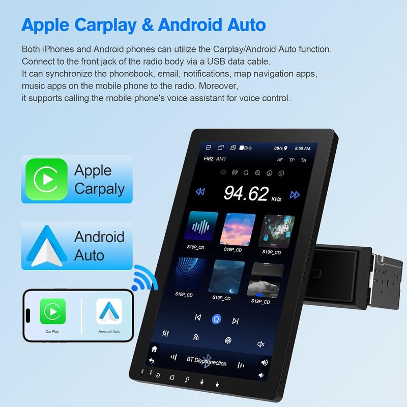 Autorradio Haudio 2026 de 10,1" con pantalla táctil giratoria, formato DIN simple: Android 13, CarPlay/Android Auto inalámbrico, procesador de 4 núcleos, 2 GB + 32 GB, navegación GPS, sonido Hi-Fi, Bluetooth 4.2, cámara de visión trasera AHD (montaje vert