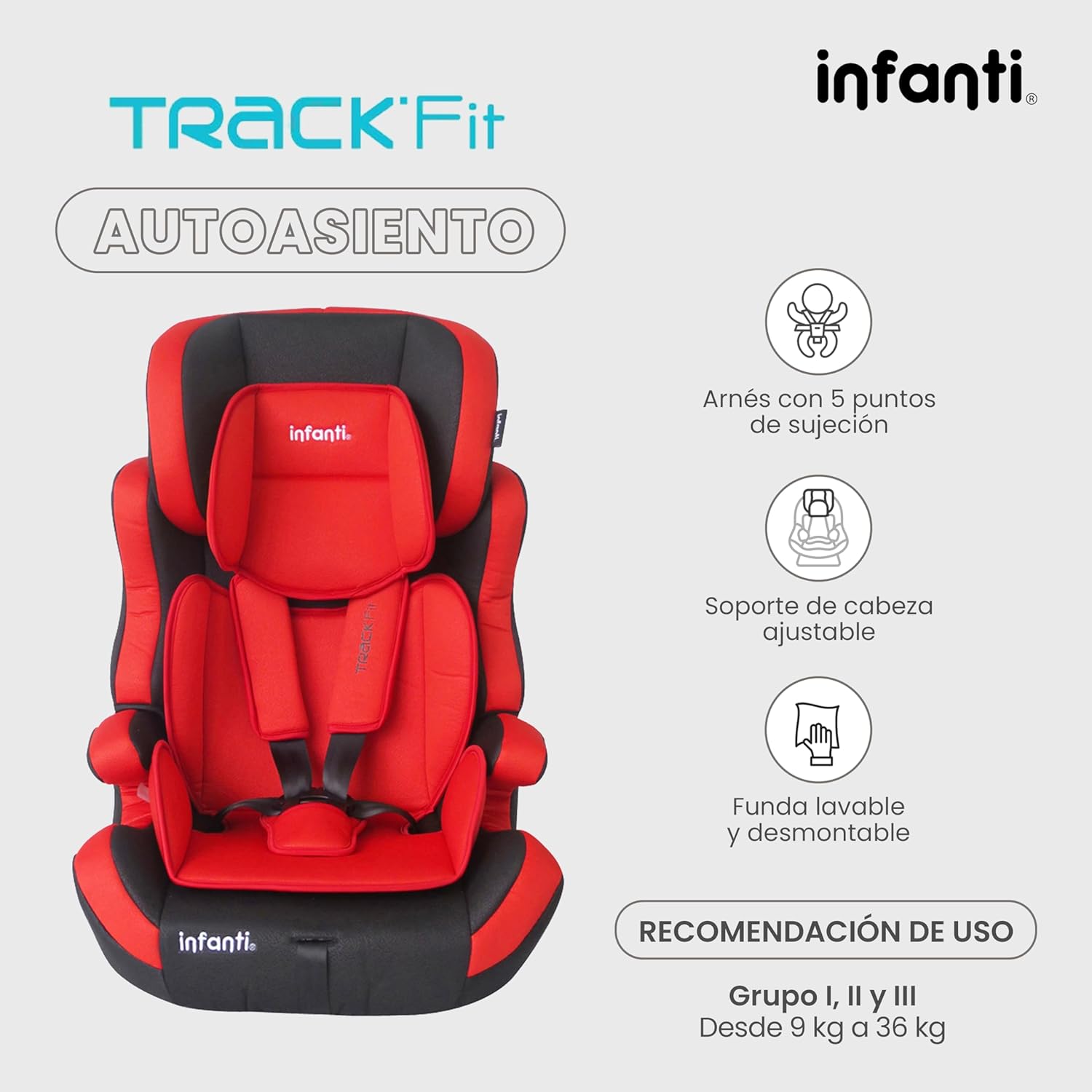 INFANTI | Asiento para Bebe Carro Portabebe TRACK-FIT | Autoasientos para Bebe | Booster Car Seat - Cosas para Bebes - Silla para Bebe | Respaldo Desmontable | Desde 9 kg a 36 kg