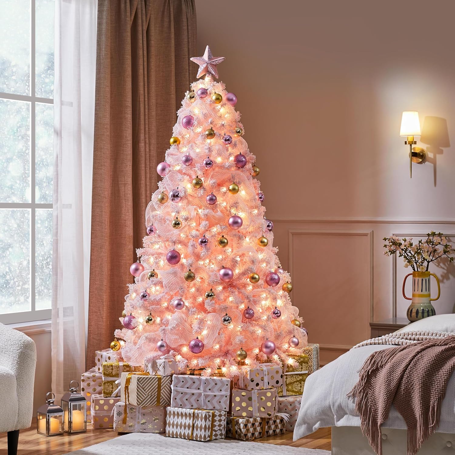 Yaheetech Árbol de Navidad artificial preiluminado de 6 pies con luces incandescentes blancas cálidas, árbol de Navidad con 820 puntas de rama, 250 luces incandescentes y soporte plegable, color rosa