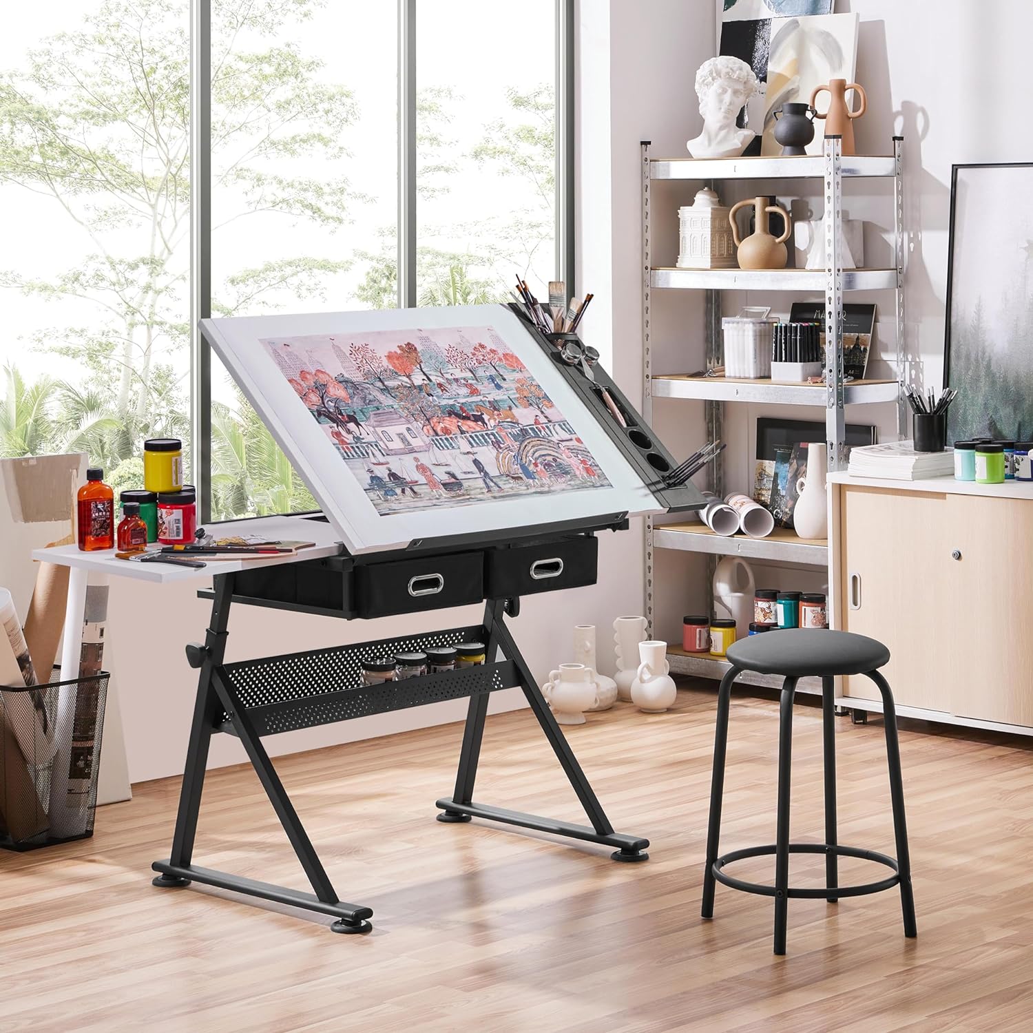 Yaheetech - computadora de arte blanco ajustable en altura para adultos, mesa inclinable de dibujo con computadora extragrande y cajones, juego de mesa y silla plegable para manualidades con taburetes