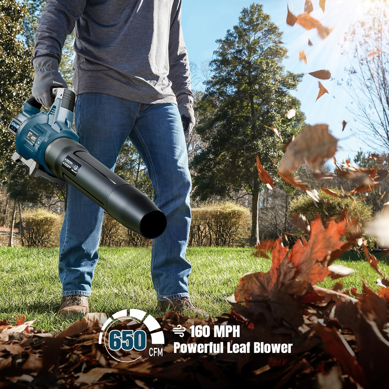 GEVEELIFE - Soplador de hojas sin cable, 650 CFM y 3 niveles de velocidad, soplador eléctrico inalámbrico de hojas con 2 pilas de 5.0 Ah, sopladores para cuidado del césped, patio, hojas de soplado