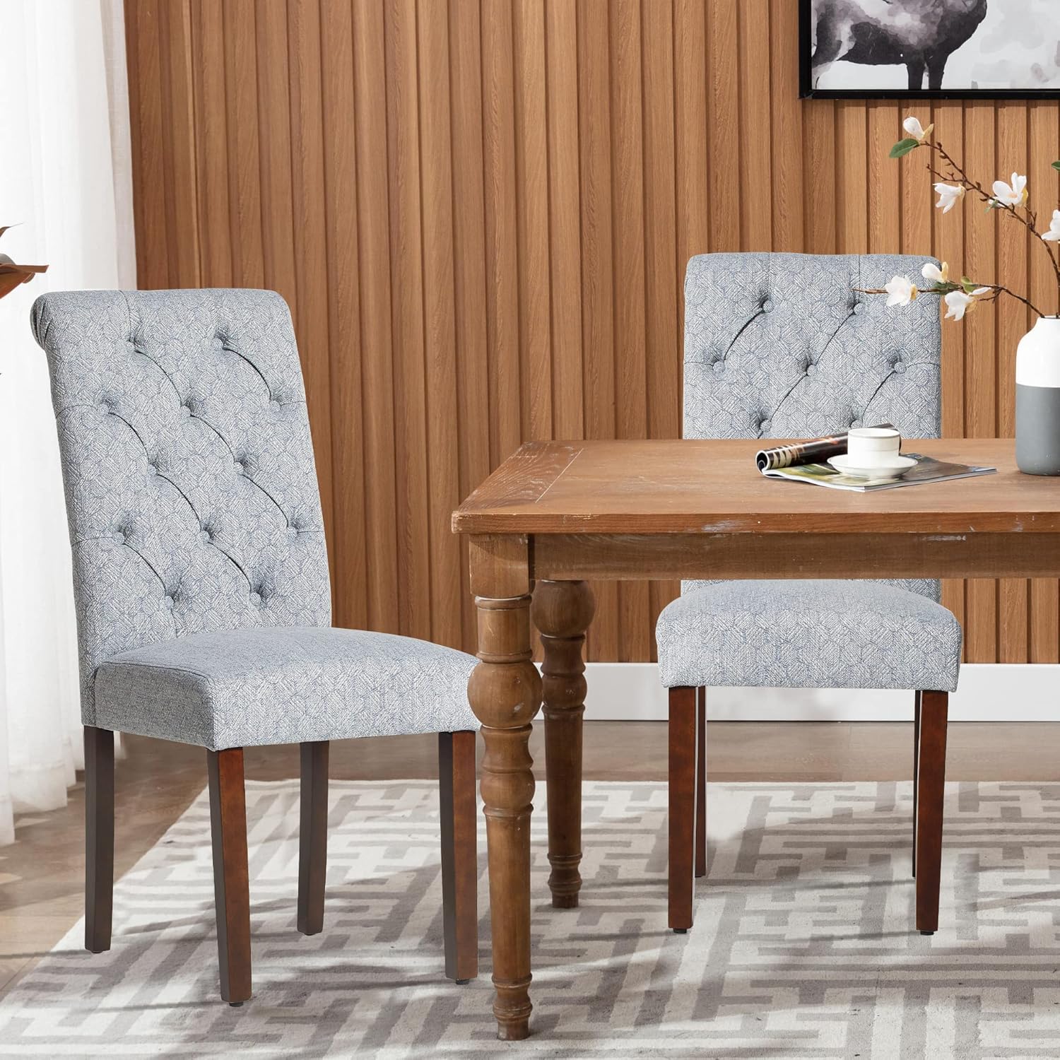 COLAMY - Juego de 6 sillas de Comedor con Botones y tapizadas, con Patas de Madera Maciza y Asiento Acolchado para Comedor, Cocina, Color Gris