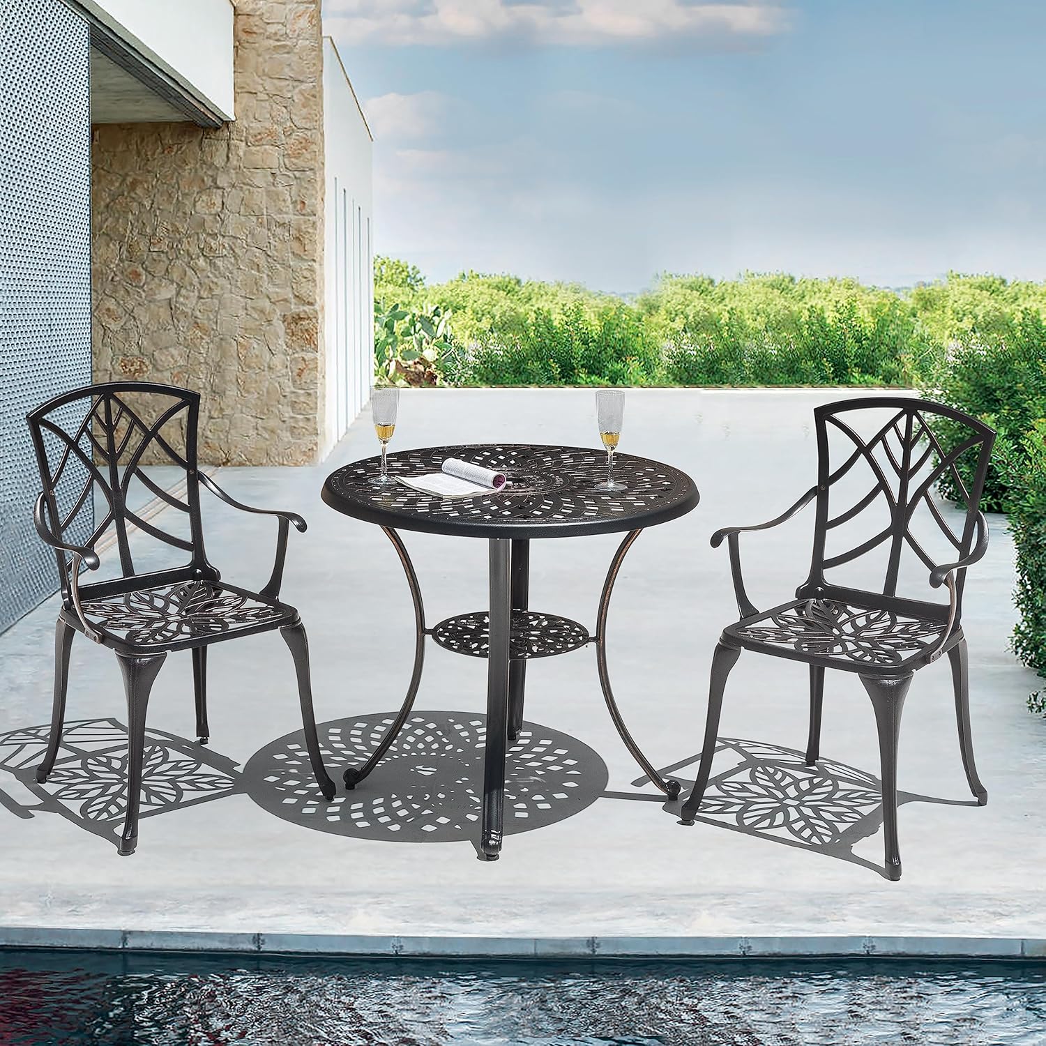 NUU GARDEN - Juego de bistró de 3 piezas para exteriores, todo clima, aluminio fundido, juego de mesa y sillas de patio, juego de 2 con agujero para sombrilla y cojines grises para el patio trasero
