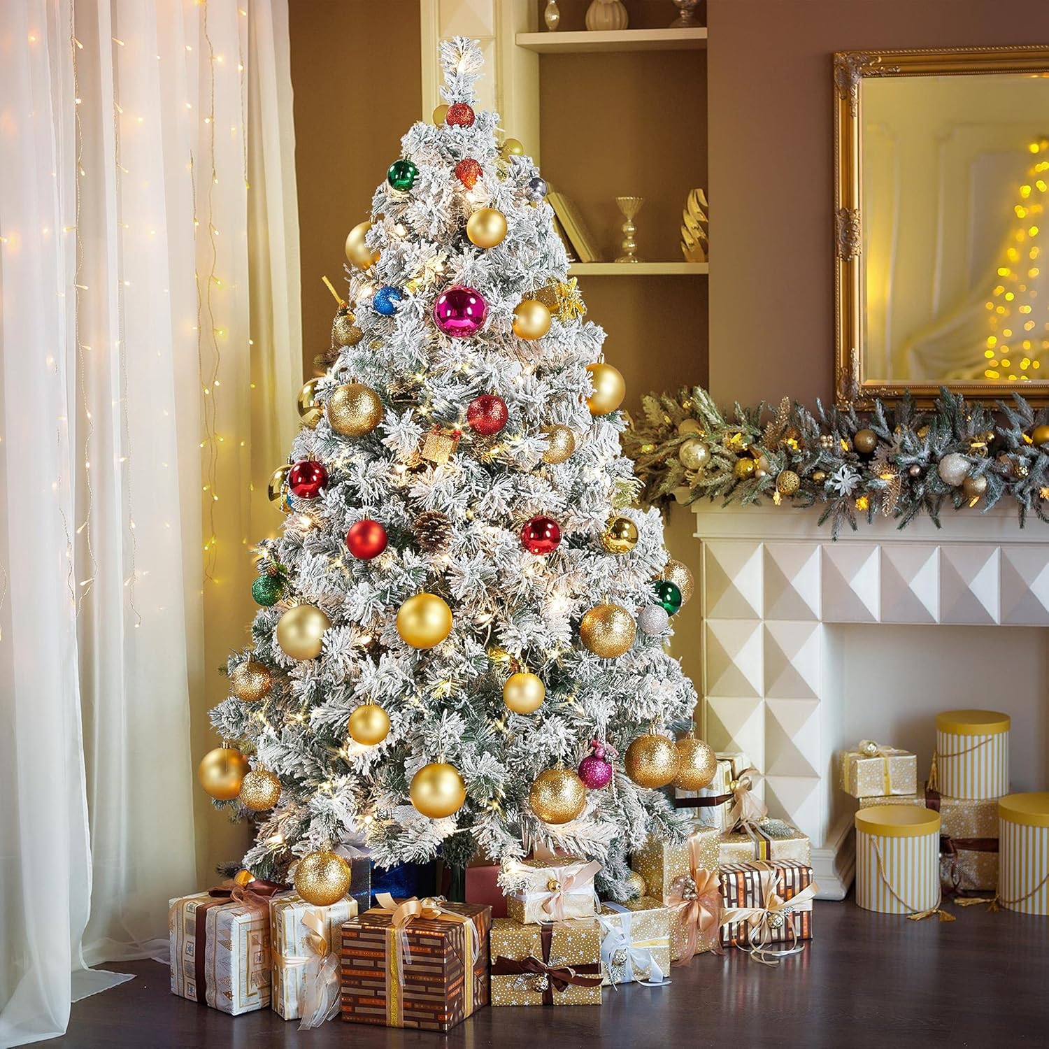 Yaheetech Árbol de Navidad artificial preiluminado de 6 pies con luces incandescentes blancas cálidas, árbol de Navidad con 820 puntas de rama, 250 luces incandescentes y soporte plegable, color rosa