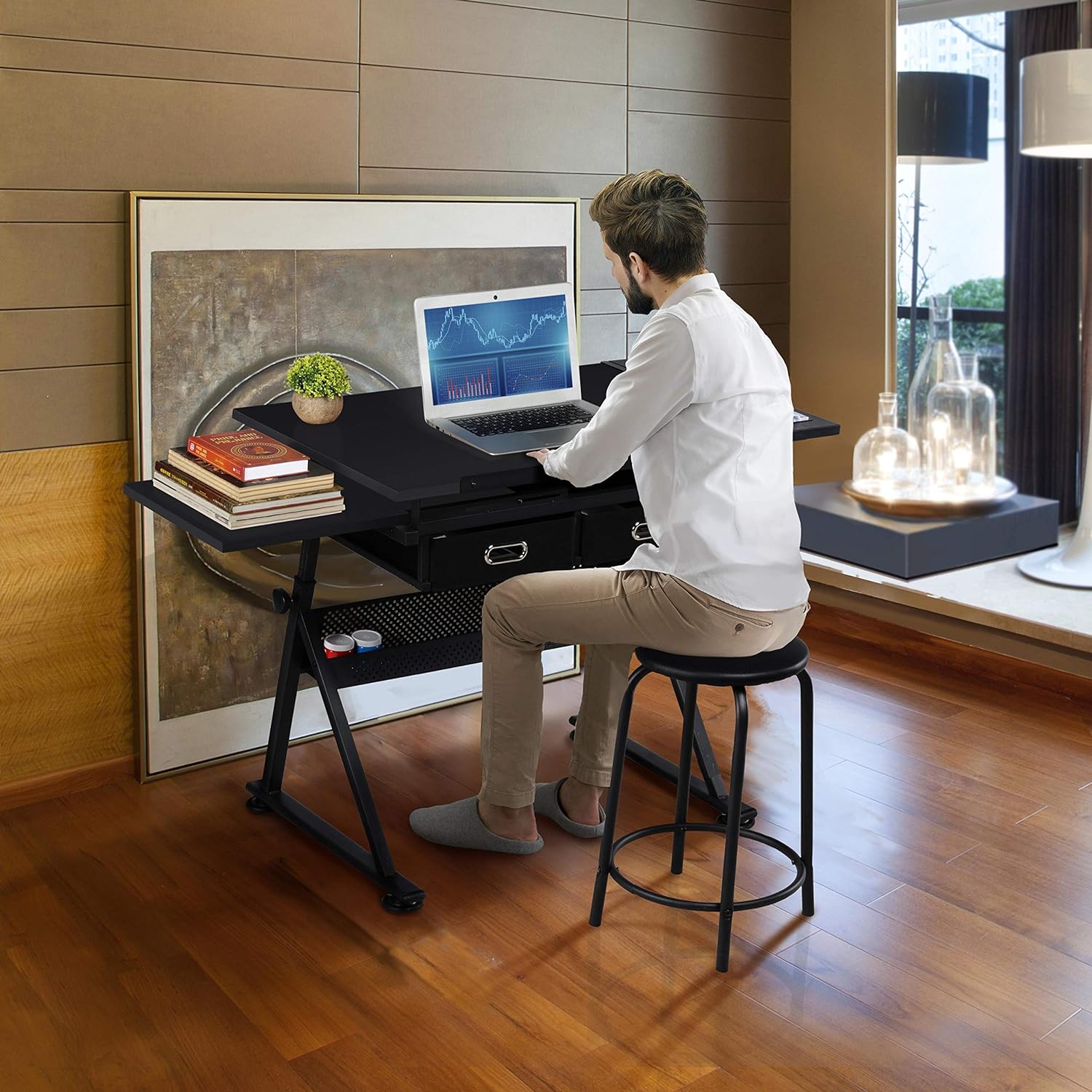 Yaheetech - computadora de arte blanco ajustable en altura para adultos, mesa inclinable de dibujo con computadora extragrande y cajones, juego de mesa y silla plegable para manualidades con taburetes