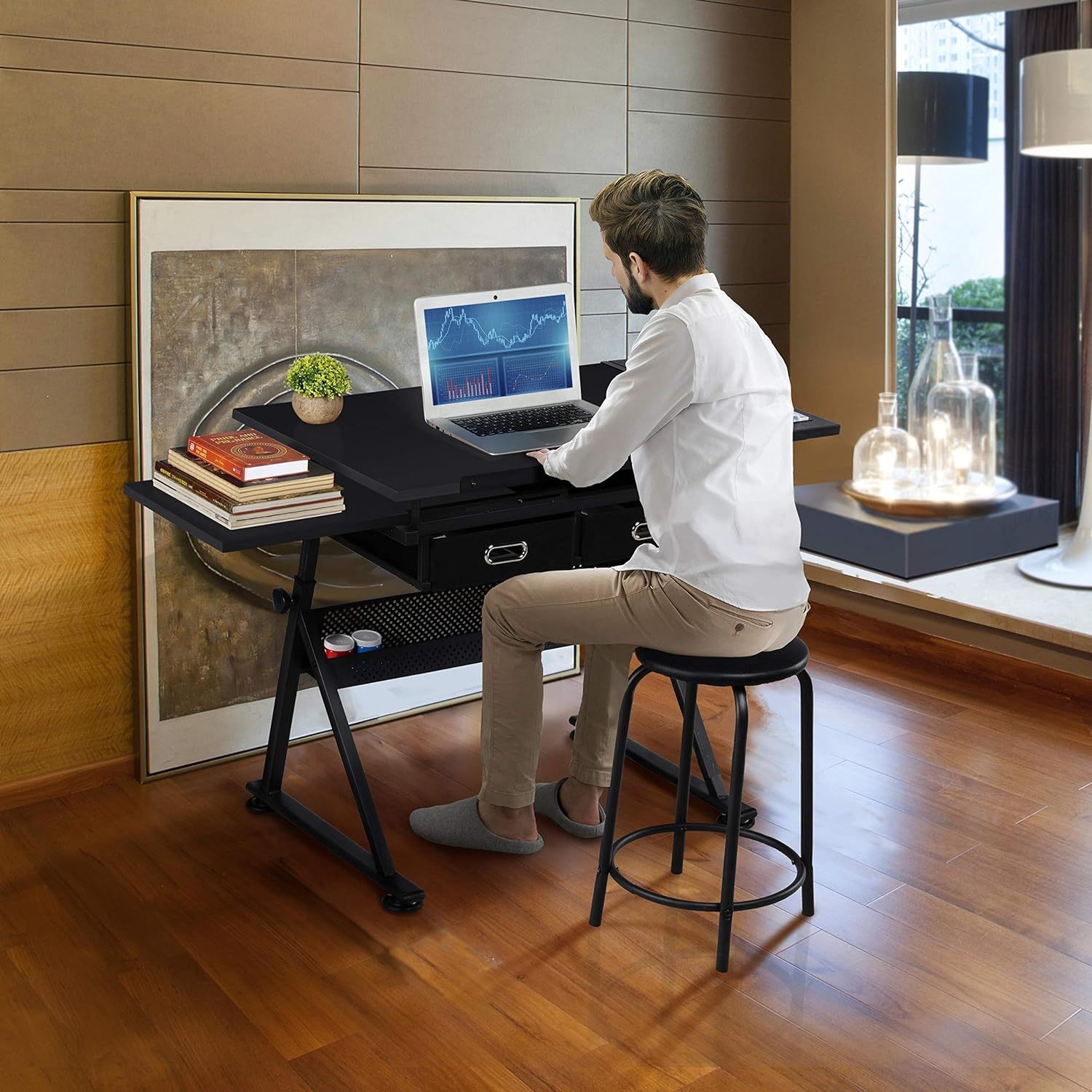 Yaheetech - computadora de arte blanco ajustable en altura para adultos, mesa inclinable de dibujo con computadora extragrande y cajones, juego de mesa y silla plegable para manualidades con taburetes