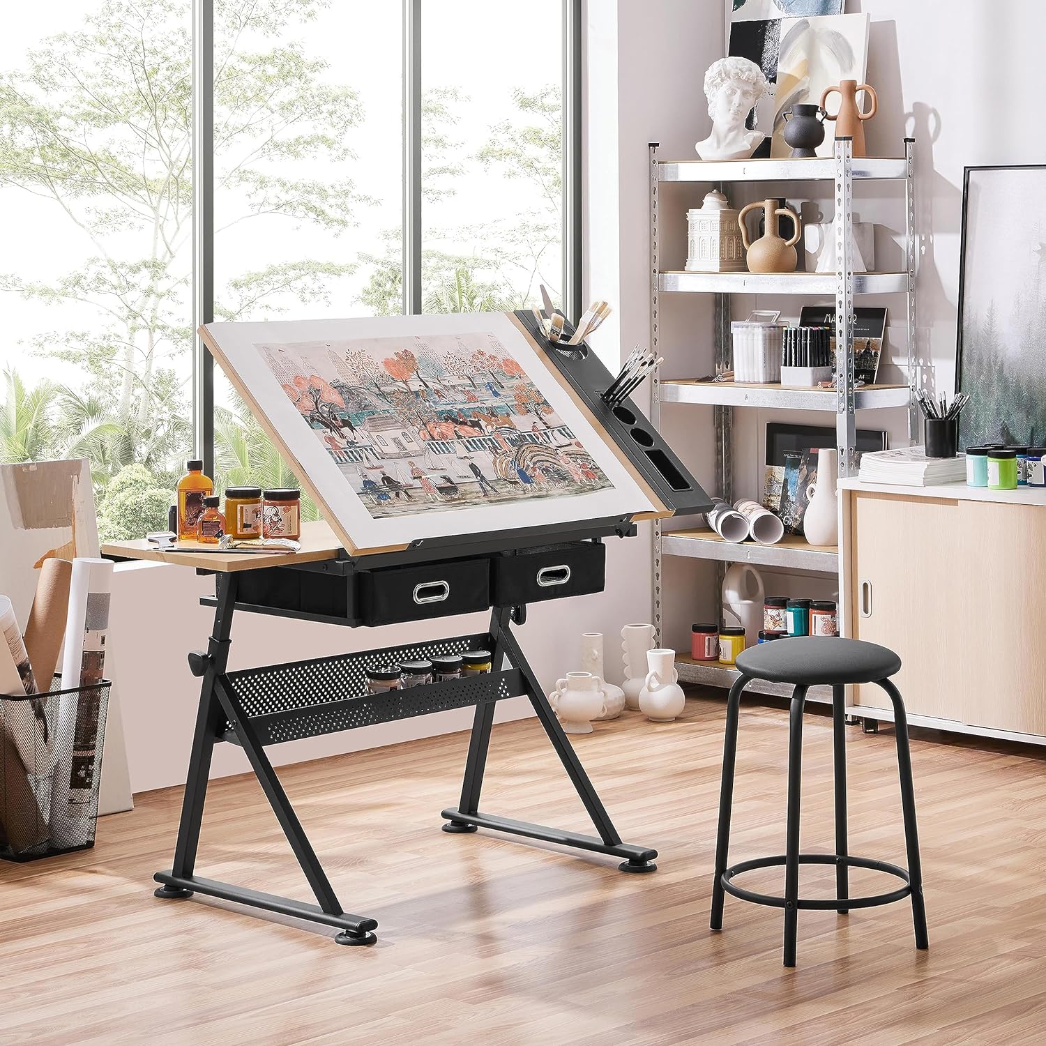 Yaheetech - computadora de arte blanco ajustable en altura para adultos, mesa inclinable de dibujo con computadora extragrande y cajones, juego de mesa y silla plegable para manualidades con taburetes
