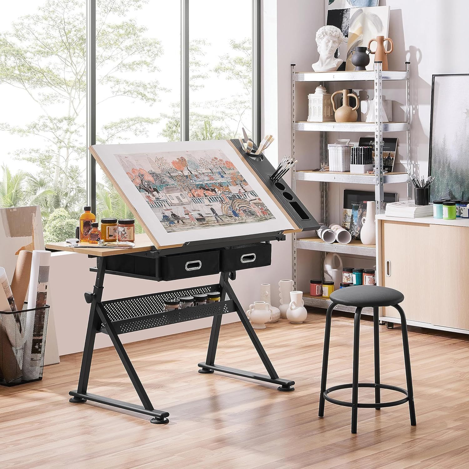 Yaheetech - computadora de arte blanco ajustable en altura para adultos, mesa inclinable de dibujo con computadora extragrande y cajones, juego de mesa y silla plegable para manualidades con taburetes