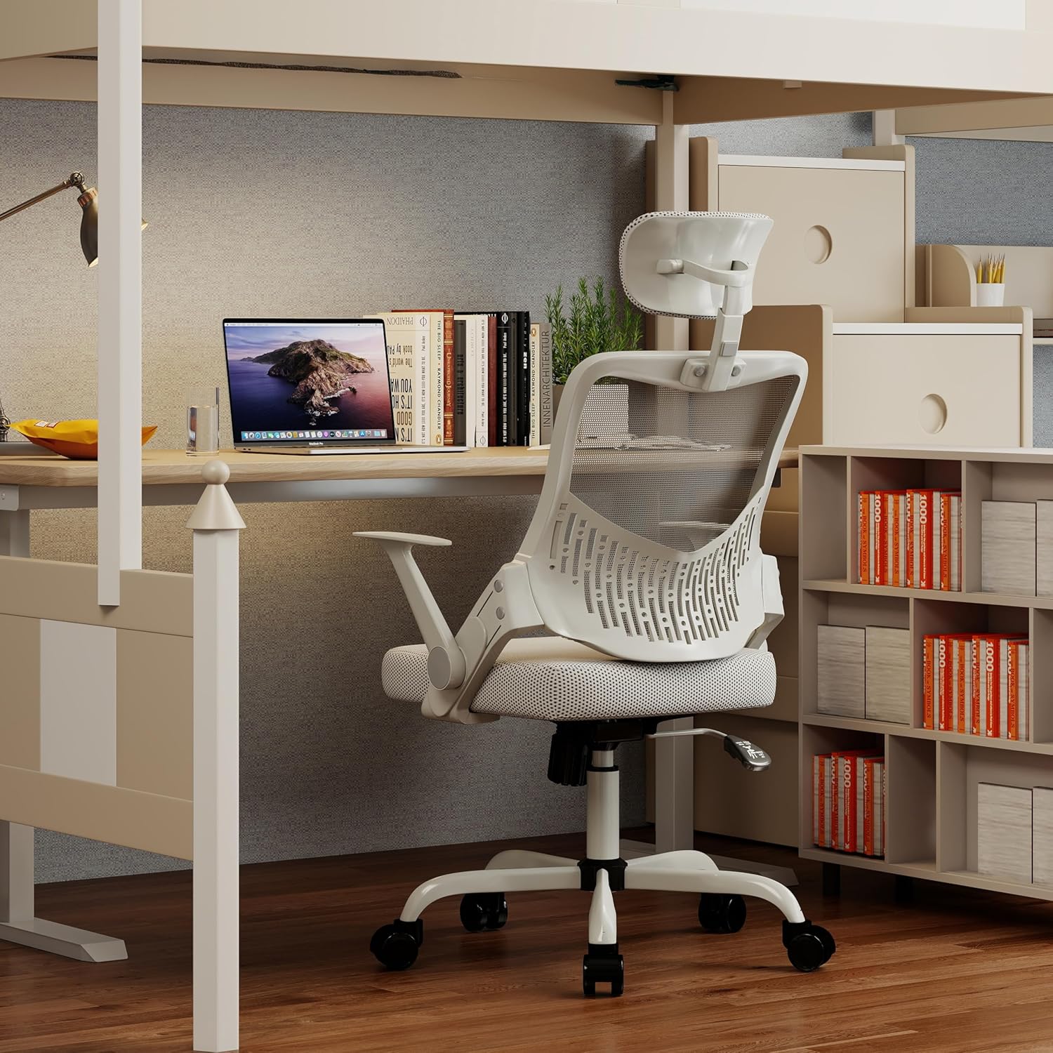 FurnitureR Silla Oficina Ergonómica con Reposacabezas, Silla Escritorio Malla Resistente con Soporte Lumbar, Silla Computadora con Base Metal, Asiento y Reposacabezas Ajustables Gris