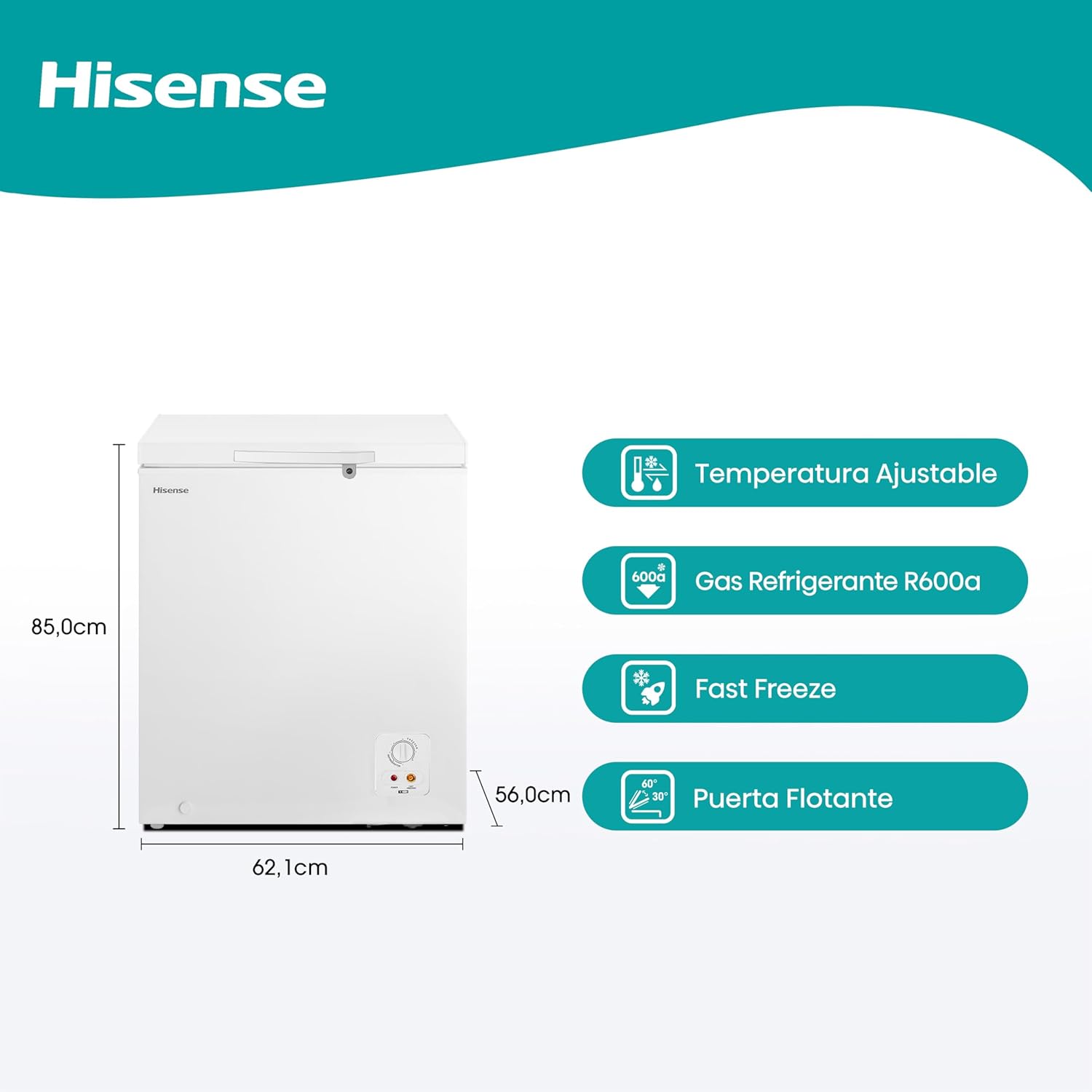 Hisense FC50D6AWX Congelador, 5 pies cúbicos, Temperatura ajustable, Fast Freeze, Cerradura de seguridad, 62x56x85cm(AnchoxLargoxAlto), Blanco