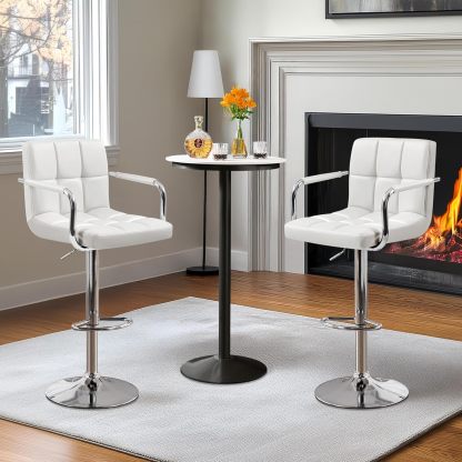 Juego de 2 taburetes de Bar giratorios Ajustables de Piel sintética, sillas hidráulicas de Barra con reposabrazos y Respaldo para Bar, Cocina, Comedor, Color Blanco