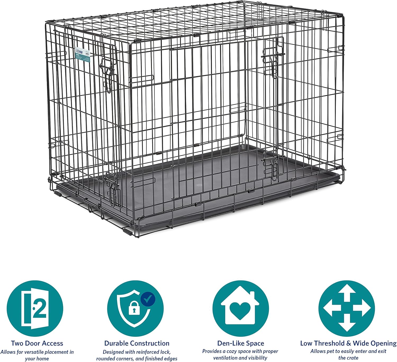 MidWest Homes for Pets - Jaula para perros XL | Jaula para perros MidWest iCrate de metal plegable con doble puerta con panel divisor, protege los pies y bandeja para perros a prueba de fugas | 48 pulgadas de largo x 30 de ancho x 33 pulgadas de alto, raz