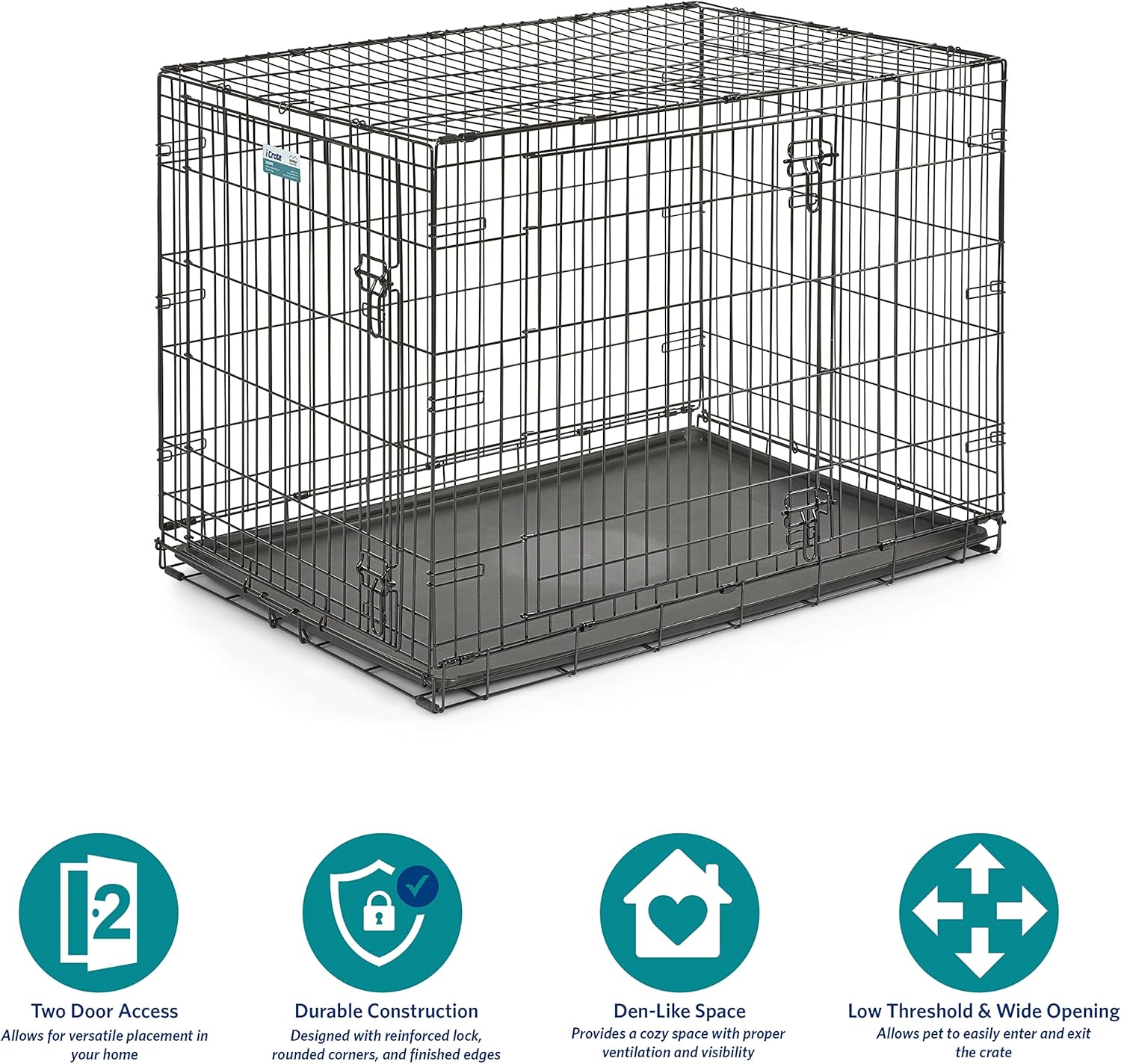 MidWest Homes for Pets - Jaula para perros XL | Jaula para perros MidWest iCrate de metal plegable con doble puerta con panel divisor, protege los pies y bandeja para perros a prueba de fugas | 48 pulgadas de largo x 30 de ancho x 33 pulgadas de alto, raz