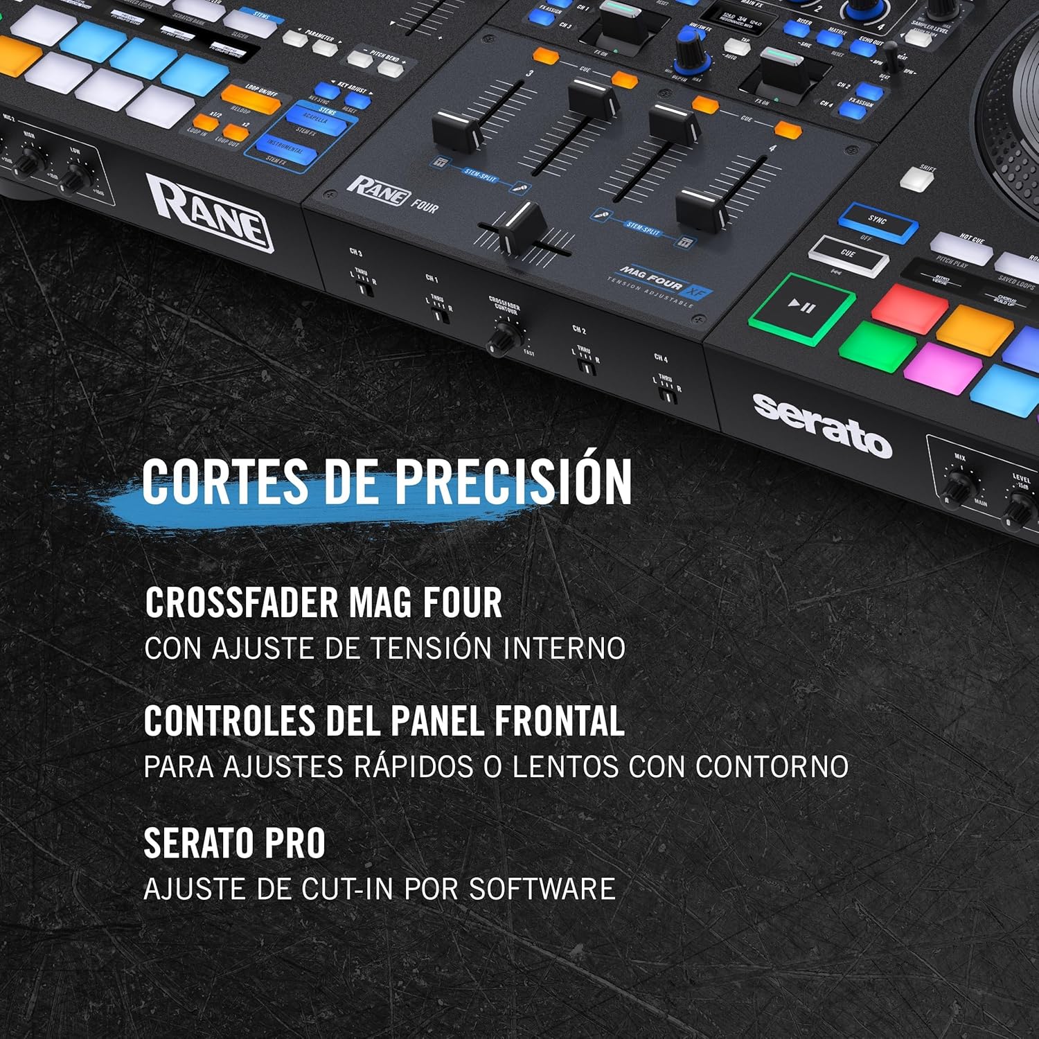Rane FOUR Controlador DJ Stems Avanzado, 4 Canales - Jog Wheels de 8.5" + Displays, Mezclador DJ con FX Internos, Serato DJ Pro + Pitch 'n Time DJ