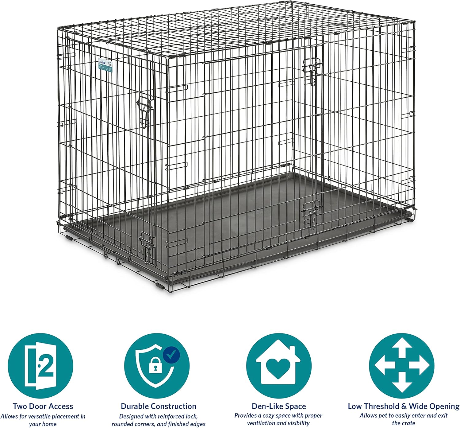 MidWest Homes for Pets - Jaula para perros XL | Jaula para perros MidWest iCrate de metal plegable con doble puerta con panel divisor, protege los pies y bandeja para perros a prueba de fugas | 48 pulgadas de largo x 30 de ancho x 33 pulgadas de alto, raz