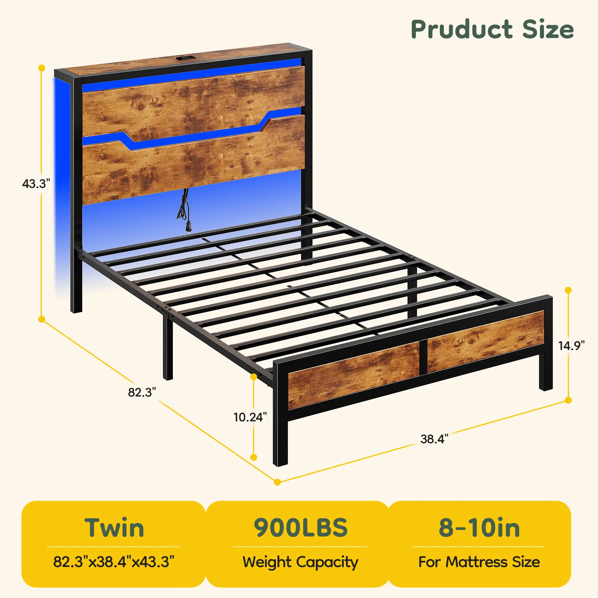 Estructura de cama Raybee con luces LED (tamaños Queen, King y Full), cabecero y estante de almacenamiento; diseño moderno e industrial de madera y metal con estación de carga integrada; silenciosa y resistente (capacidad de 900 libras); incluye somier de