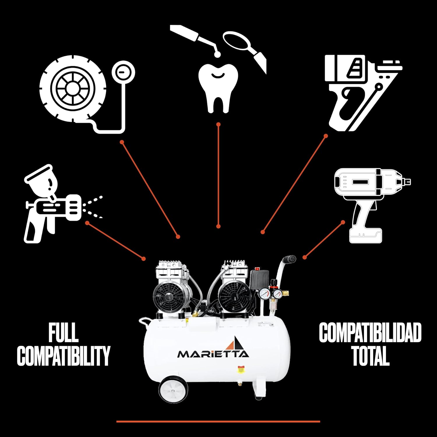 MARIETTA 2HP 50L: Compresor de Aire Silencioso - Compresor robusto de llenado rápido con 2 HP y tanque de 50L. Doble Motor Libre de Aceite.