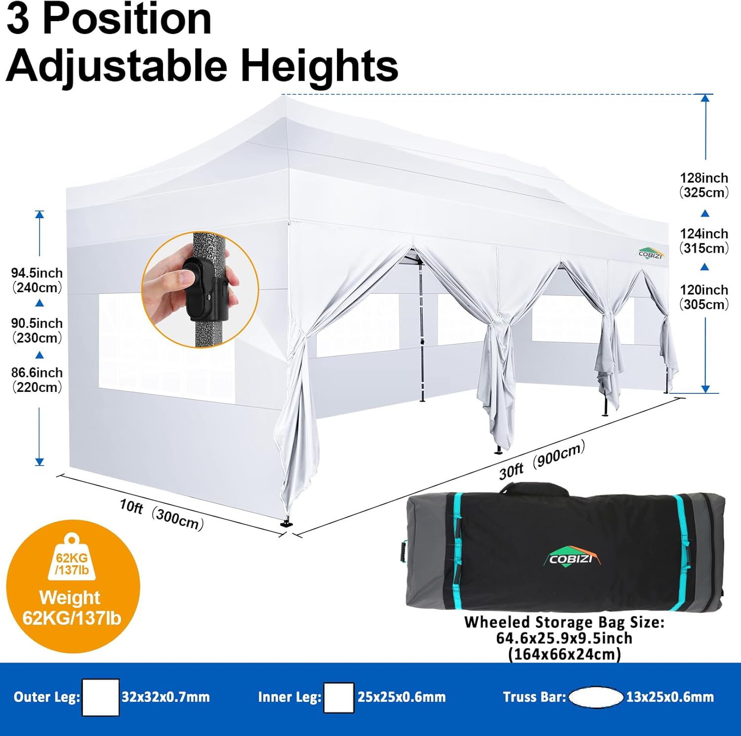 COBIZI - Toldo desplegable de 10 x 20 Pulgadas con 6 Paredes Laterales, toldo Impermeable para Eventos al Aire última intervensión, UPF 50+ cenador portátil para Fiestas, Playa, Camping, Boda,