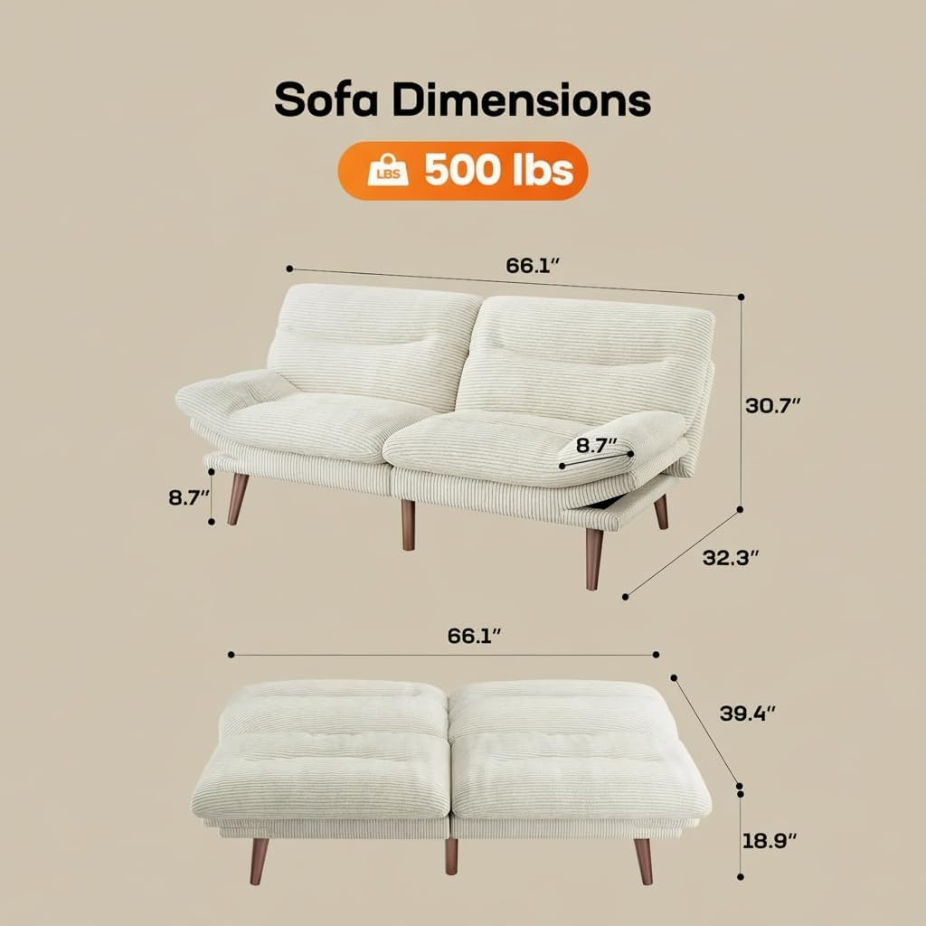 AMADA Sofá Cama Futón Convertible de 66", Juego de Futón Plegable de Pana con Respaldo y Reposabrazos Ajustables, Sillón Reclinable para Sala de Estar, Departamento u Oficina, Marco de Madera Sólida