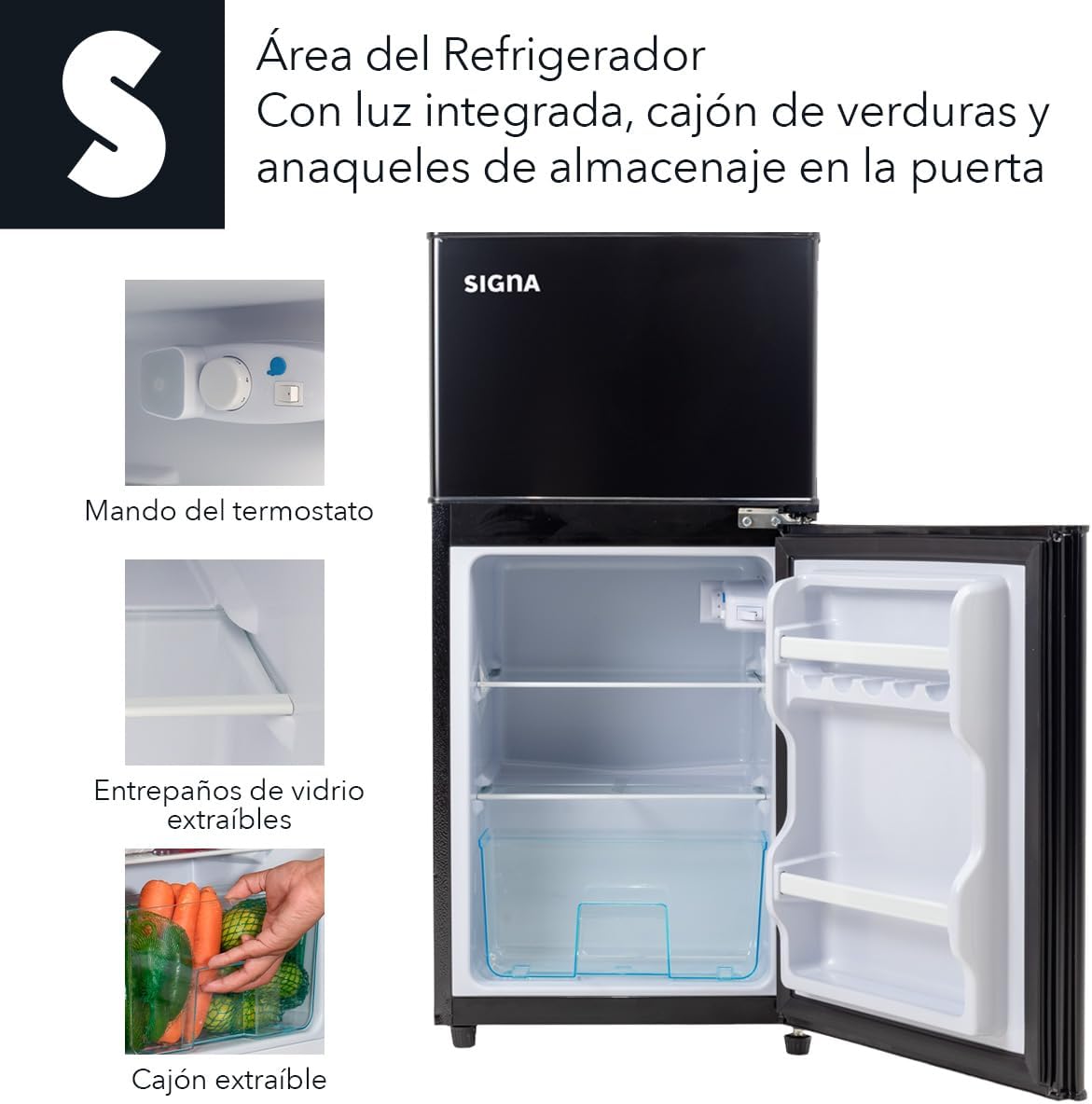 SIGNA Mini Refrigerador 86L (3 pies cubicos) Frigobar Compacto Silver Refrigerador Pequeño Con congelador de Acero Inoxidable Ideal Para Espacios Pequeños Frigobar Mini Multifuncional