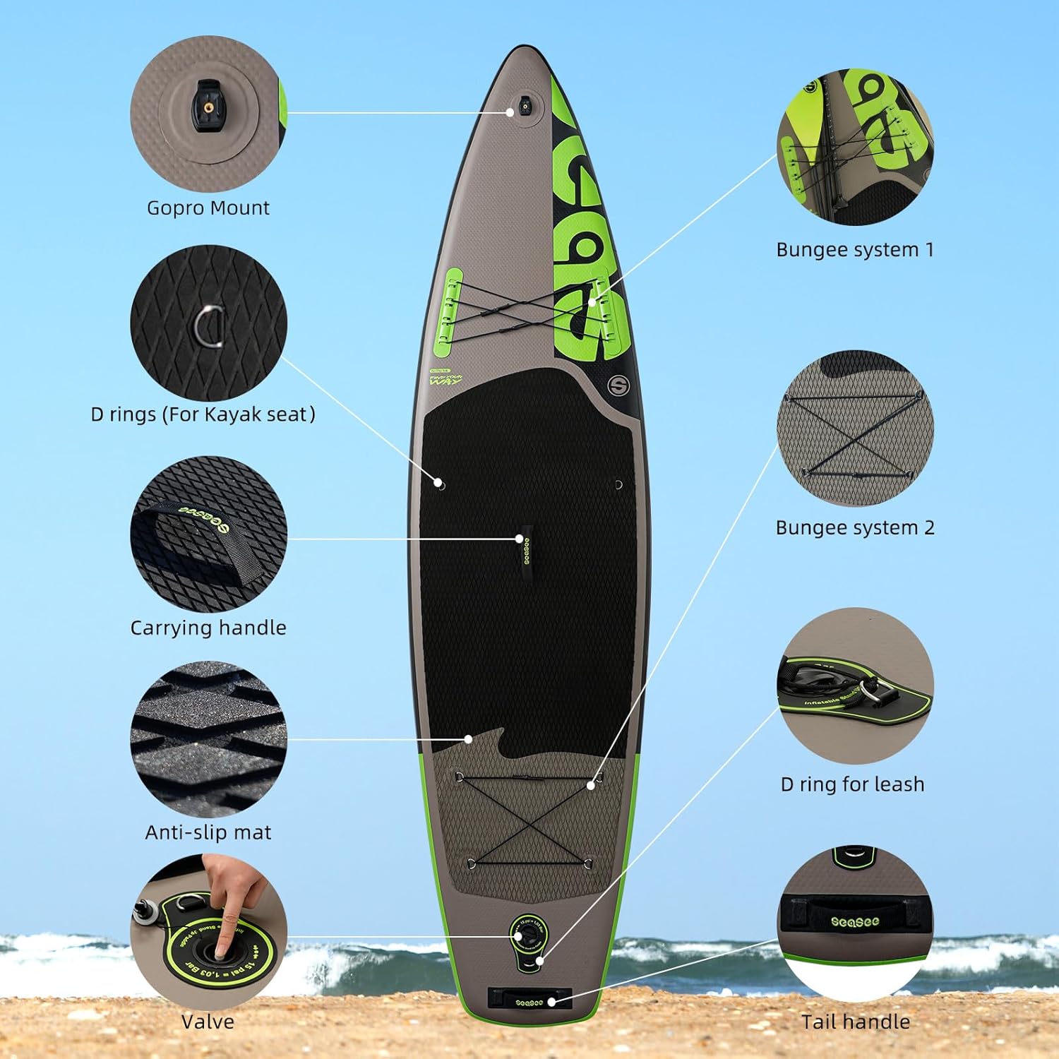 SEASEESUP Tablas de Remo inflables con Accesorios Sup, Tabla de Remo de 12 pies, Duradera, Ligera, diseño Estable de 33 Pulgadas de Ancho para Adultos con sobrepeso