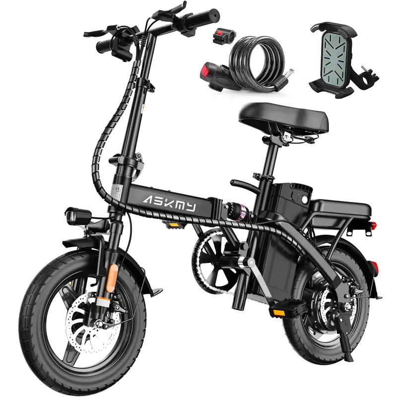 ASKMY E14 Bicicleta Eléctrica Plegable para Adultos, Motor de 750W–1000W Pico, Autonomía de hasta 45 Millas, Llantas Tubeless de 14", Frenos de Disco Dobles y Certificación UL