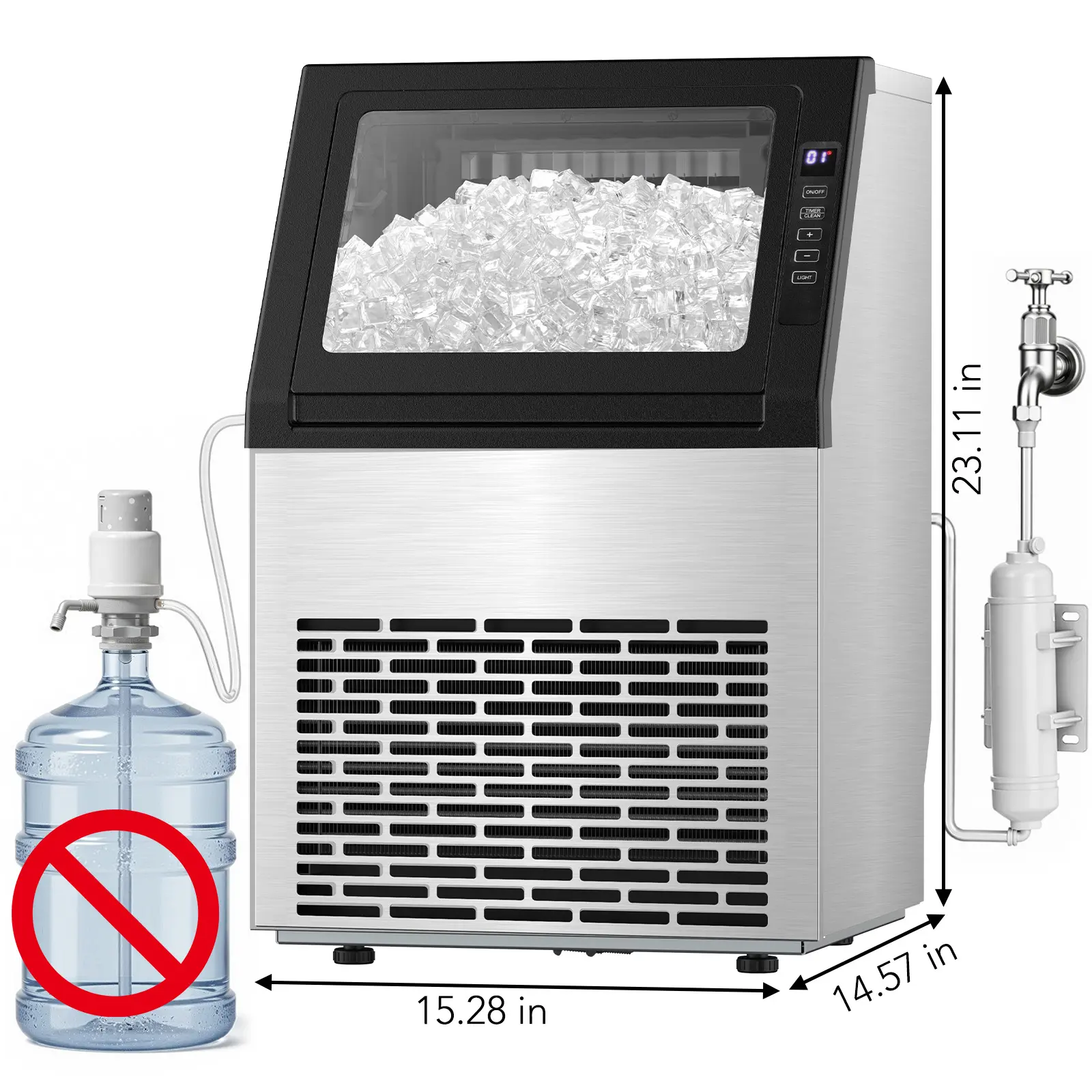 Máquina de Hielo Comercial V2.0, 100 lbs, Agua 2 Formas, Autolimpieza, Temporizador 24h, Cesta 33 lbs, Acero Inoxidable – Para Escuela, Hogar, Bar o RV