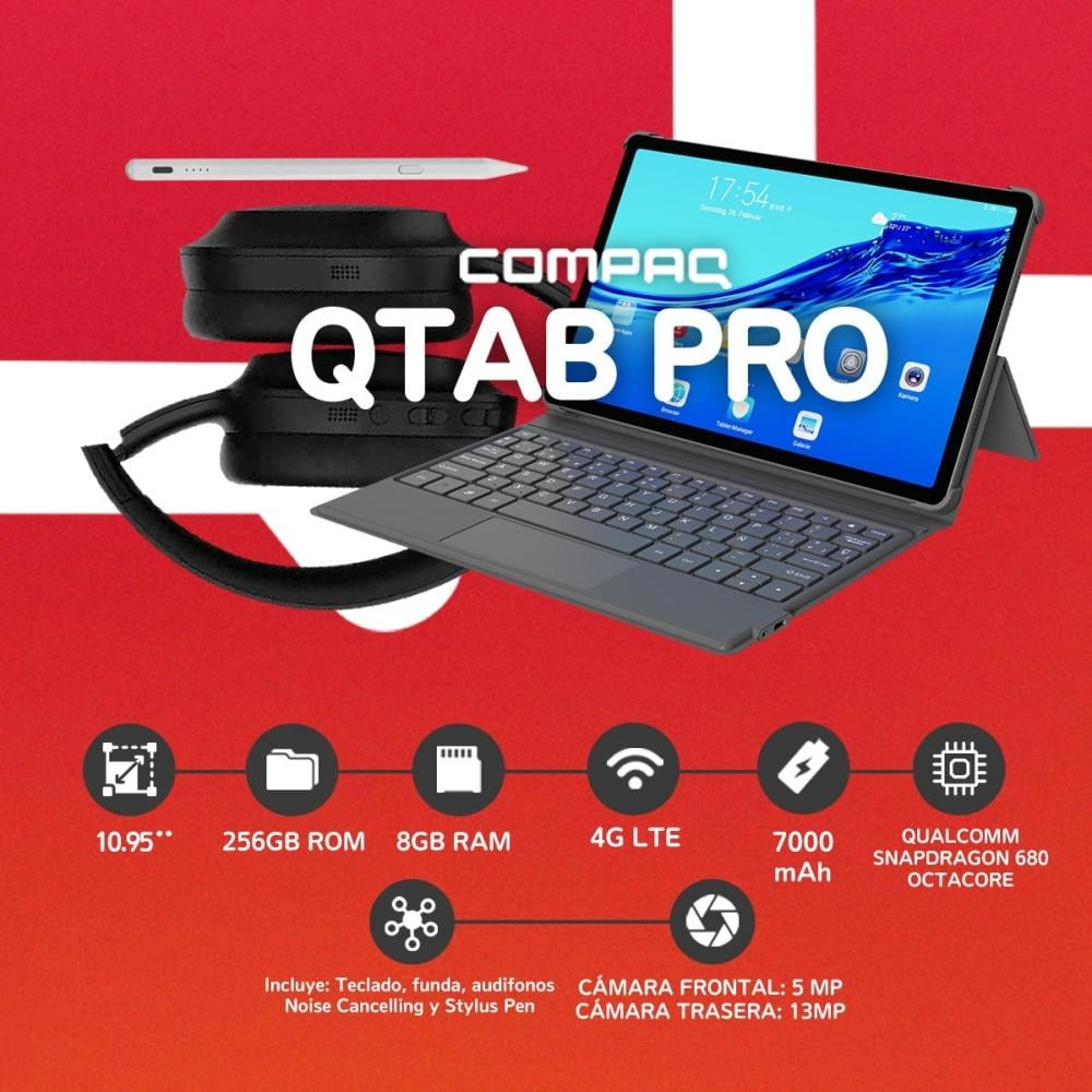 Tableta Compaq Qtab 8G RAM 256GB ROM con Pen Stylus + Teclado Pogo PIN y headphone BT