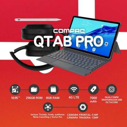 Tableta Compaq Qtab 8G RAM 256GB ROM con Pen Stylus + Teclado Pogo PIN y headphone BT