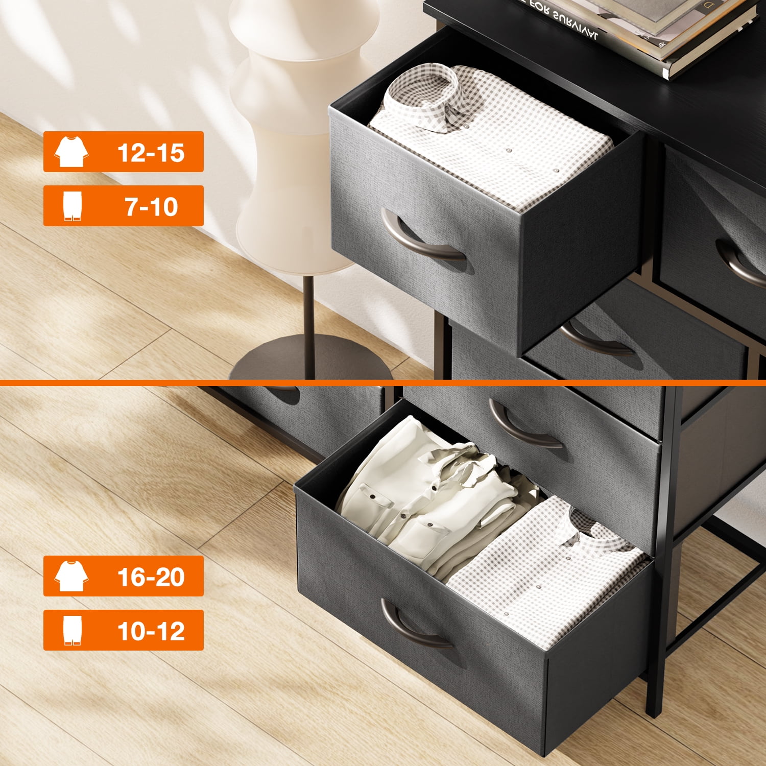 Yanming Cómoda de Tela con 9 cajones, Estructura de Acero y Tapa de Madera para Dormitorio, Armario, Entrada
