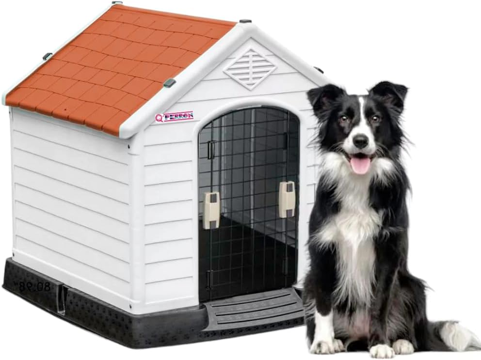 Q PERRON Casa para Perro Mediano con Puerta Metálica | para Exterior - Resistente al Agua | Térmica con Ventilación | Piso Elevado | 88 X 79 X 82 cm.