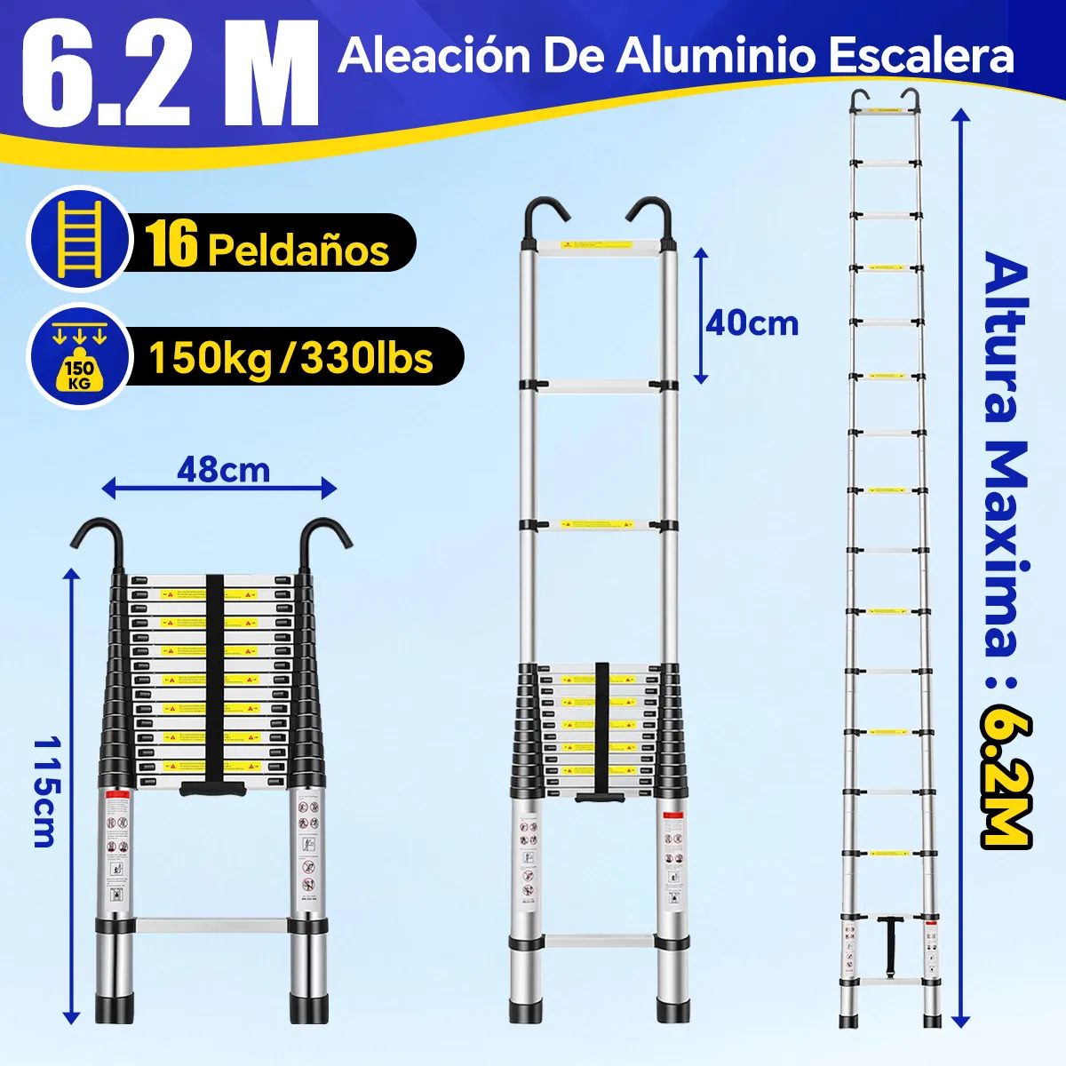 Escalera Telescópica Retráctil Aluminio Plegable 6.2 Metros