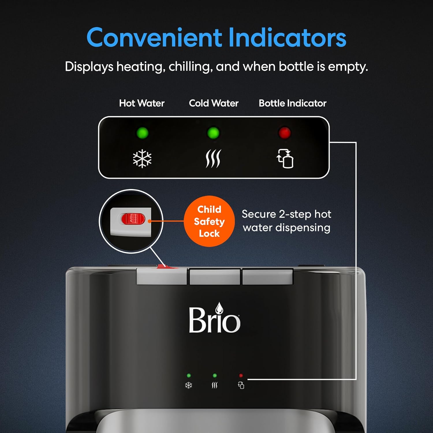 Brio Dispensador de enfriador de agua de carga inferior para botellas de 5 galones, 3 temperaturas con boquillas calientes, habitación y frías, bloqueo de seguridad infantil, visualización LED con alerta de botella vacía, acero inoxidable